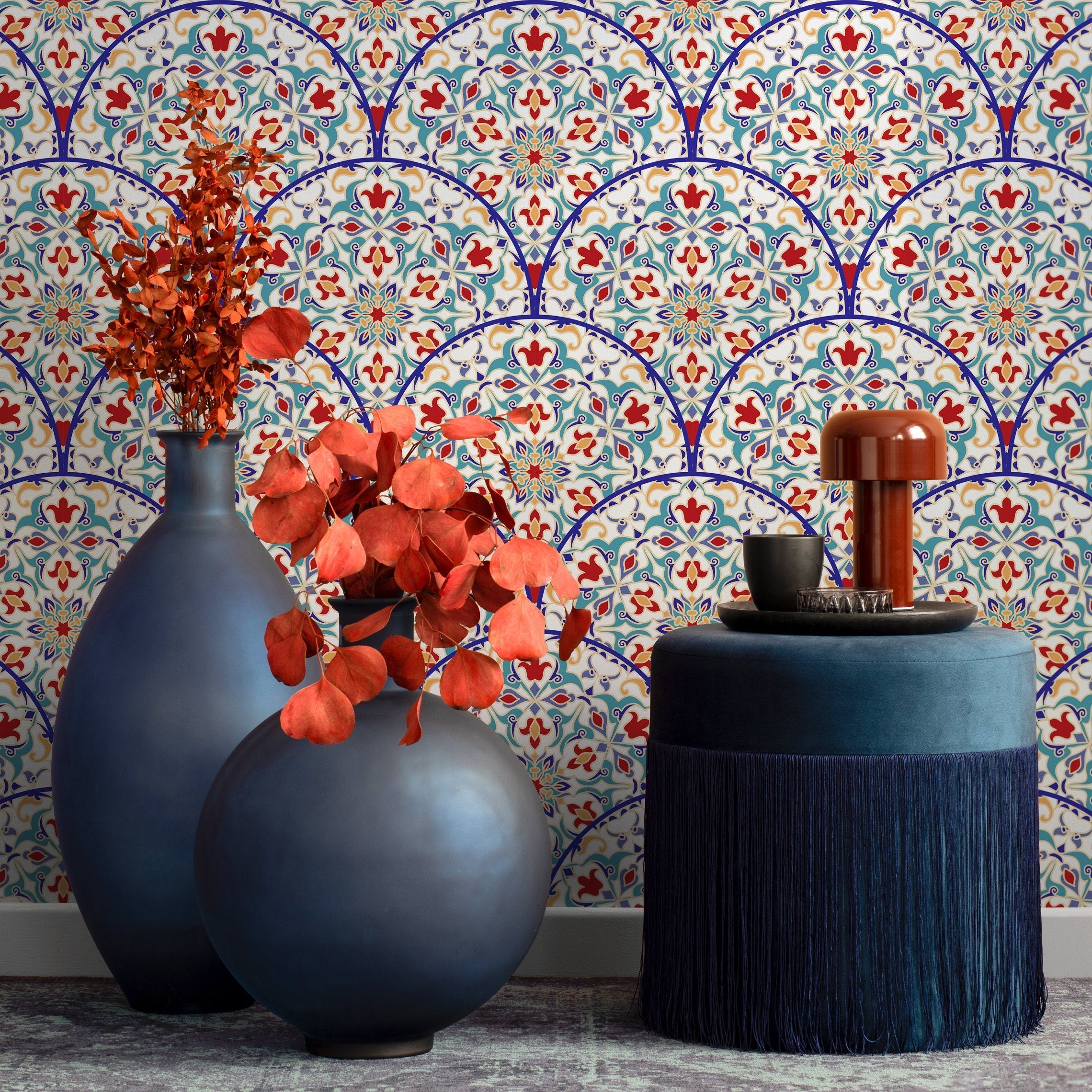 Tile Wallpaper With A Moroccan Azulejo Motif In Blue, Red, And Yellow - B820