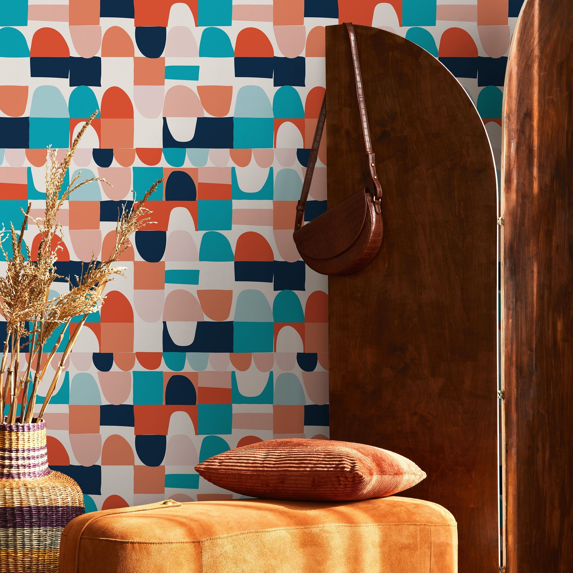 Abstract Wallpaper With A Block Print Motif In Teal, Orange, And Navy Blue - B833