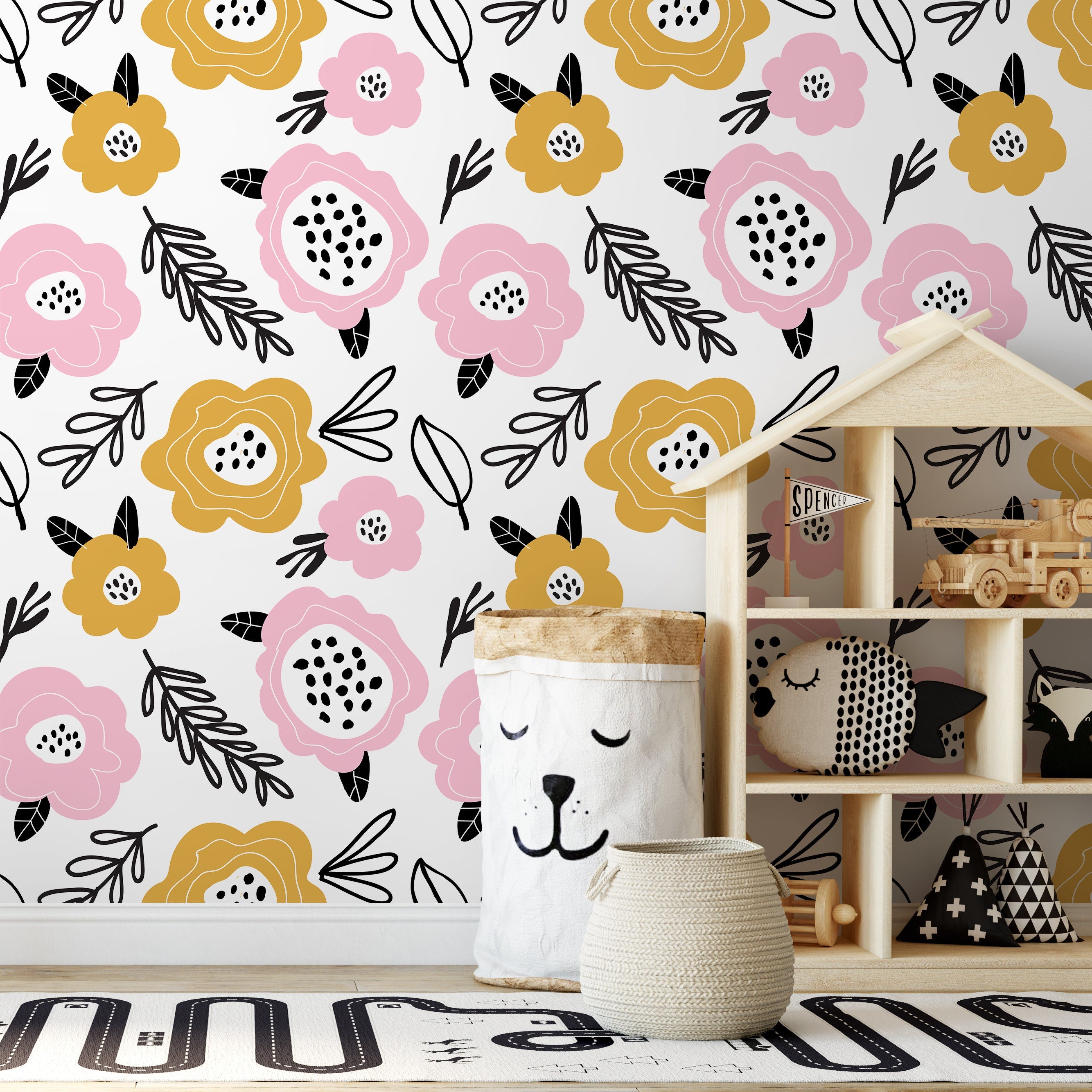Floral Wallpaper Featuring Stylized Blooms In Pink, Yellow, And Black - B834