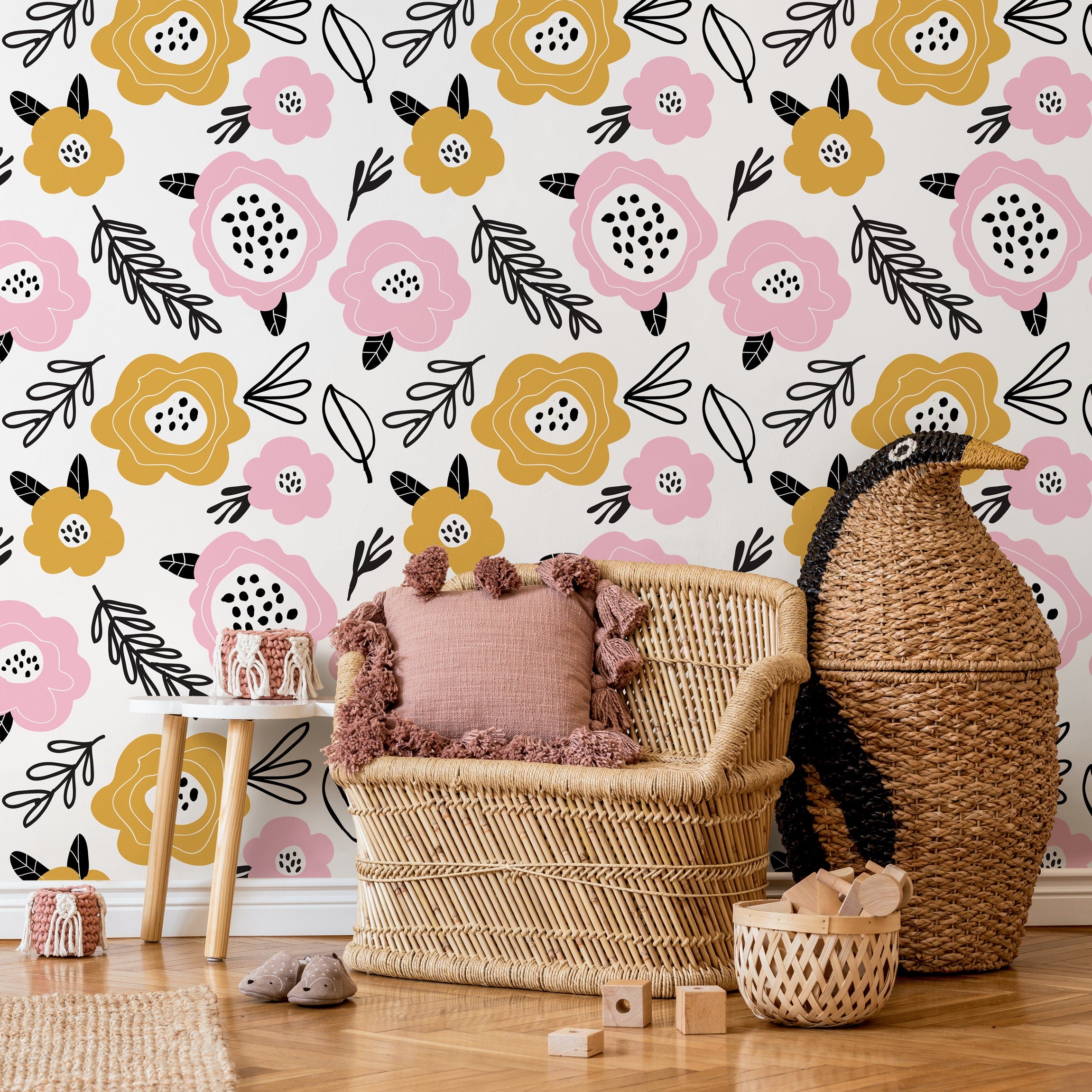 Floral Wallpaper Featuring Stylized Blooms In Pink, Yellow, And Black - B834