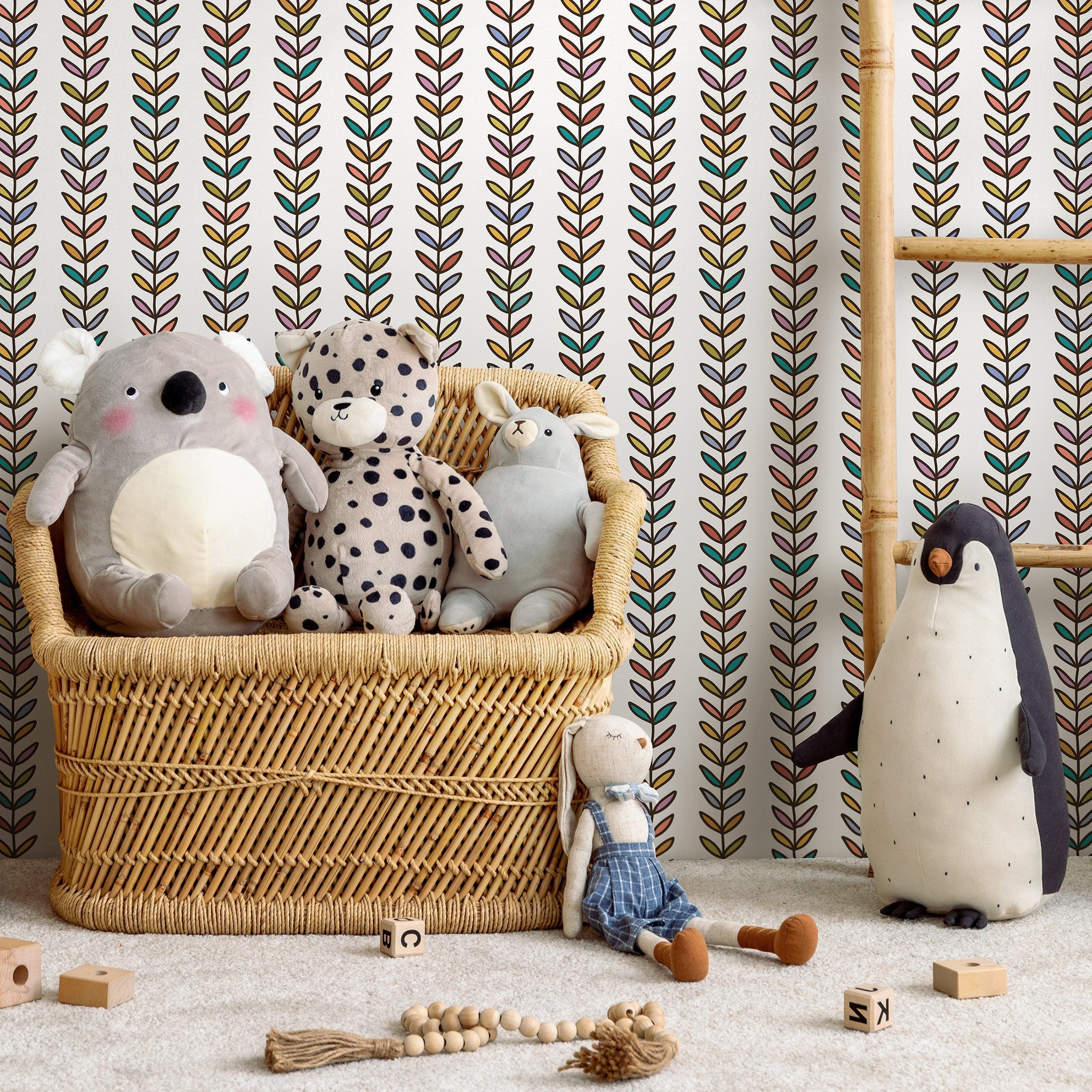 Botanical Wallpaper With A Stylized Vine Motif In Red, Yellow, And Teal - B844