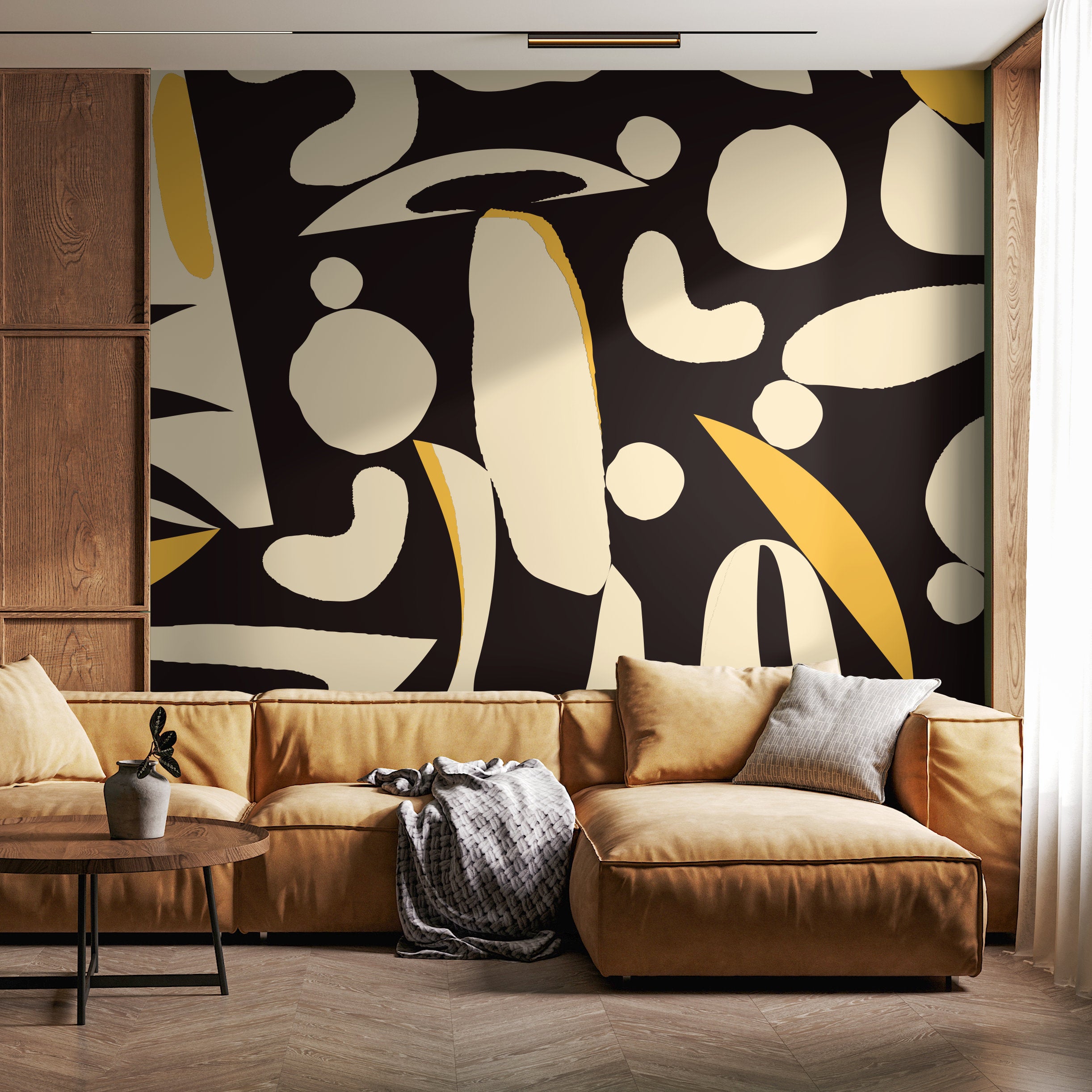 Abstract Wallpaper With Bold Organic Shapes In Black, Cream, And Yellow - B851