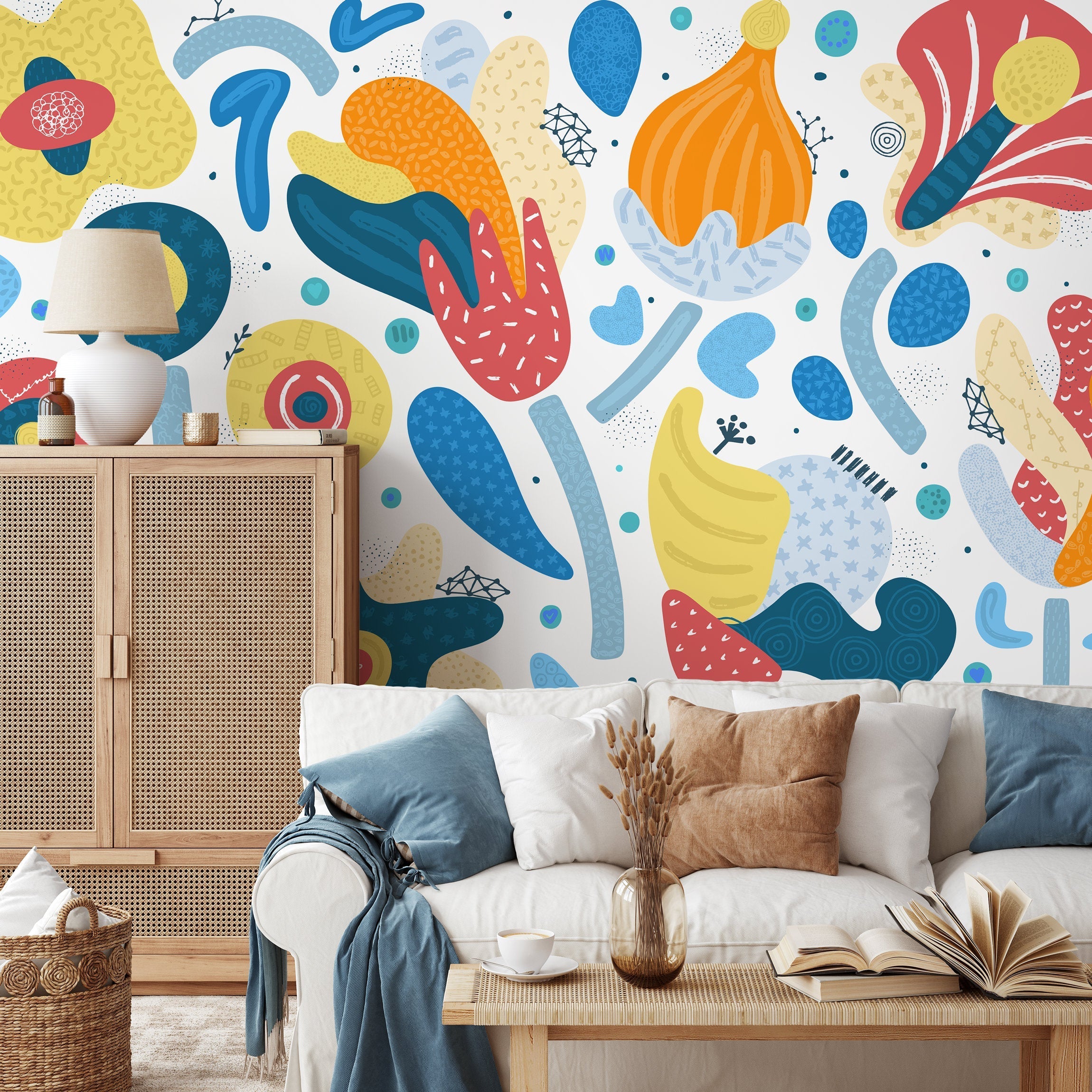 Abstract Wallpaper With Playful Organic Shapes In Blue, Yellow, And Red - B857