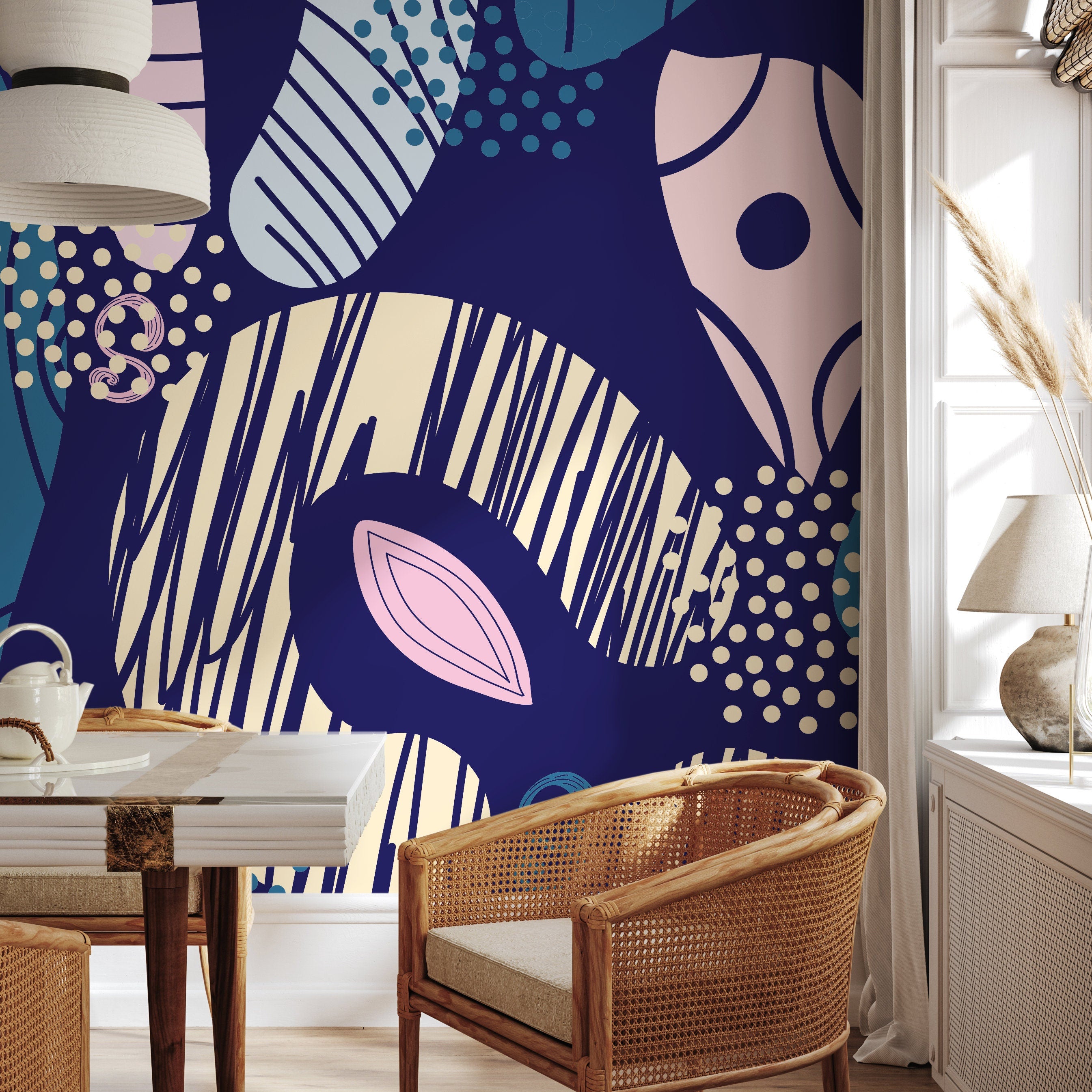 Abstract Wallpaper With Bold Geometric Shapes In Blue, Pink, And Beige - B862