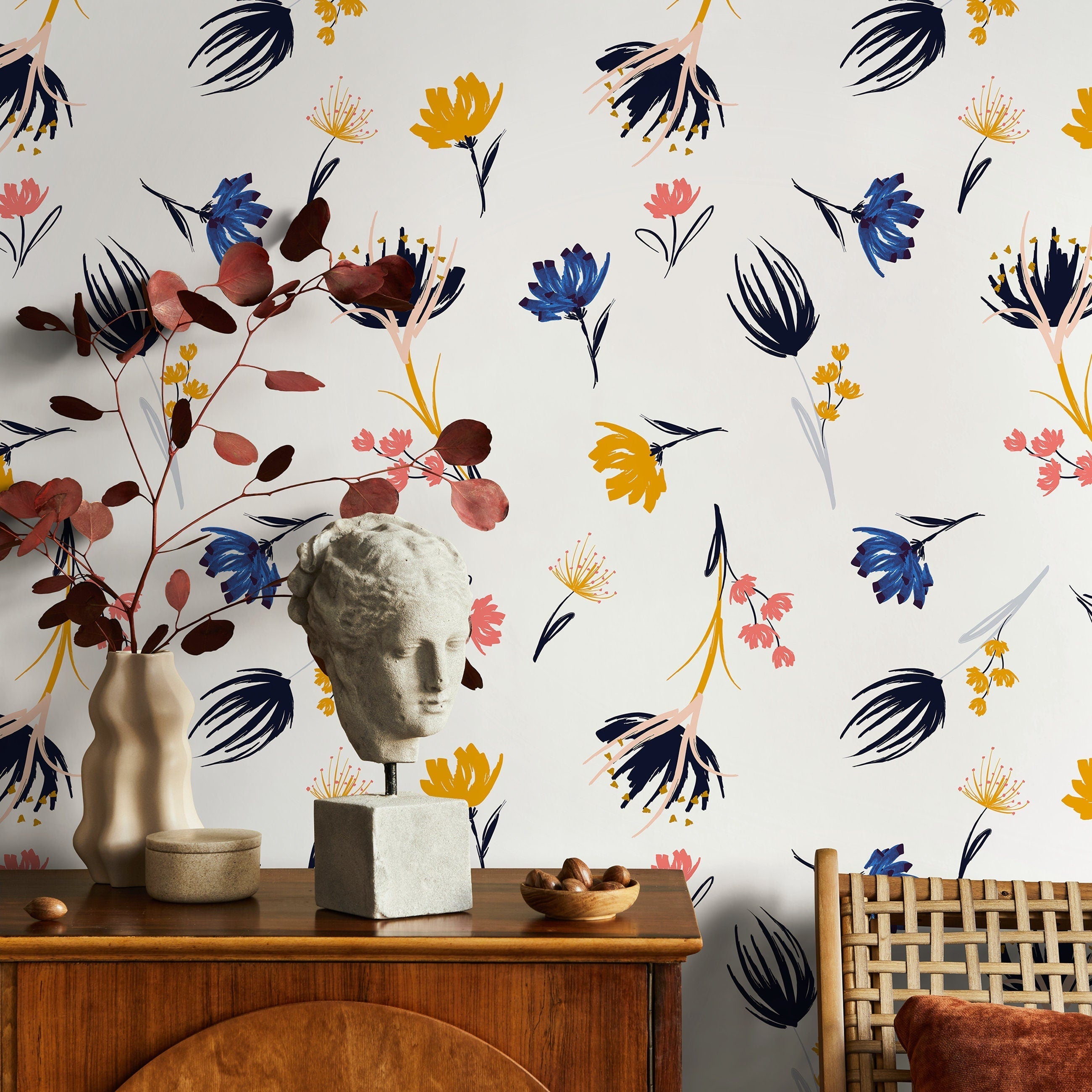 Floral Wallpaper With Abstract Wildflowers In Blue, Yellow, And Pink - B876