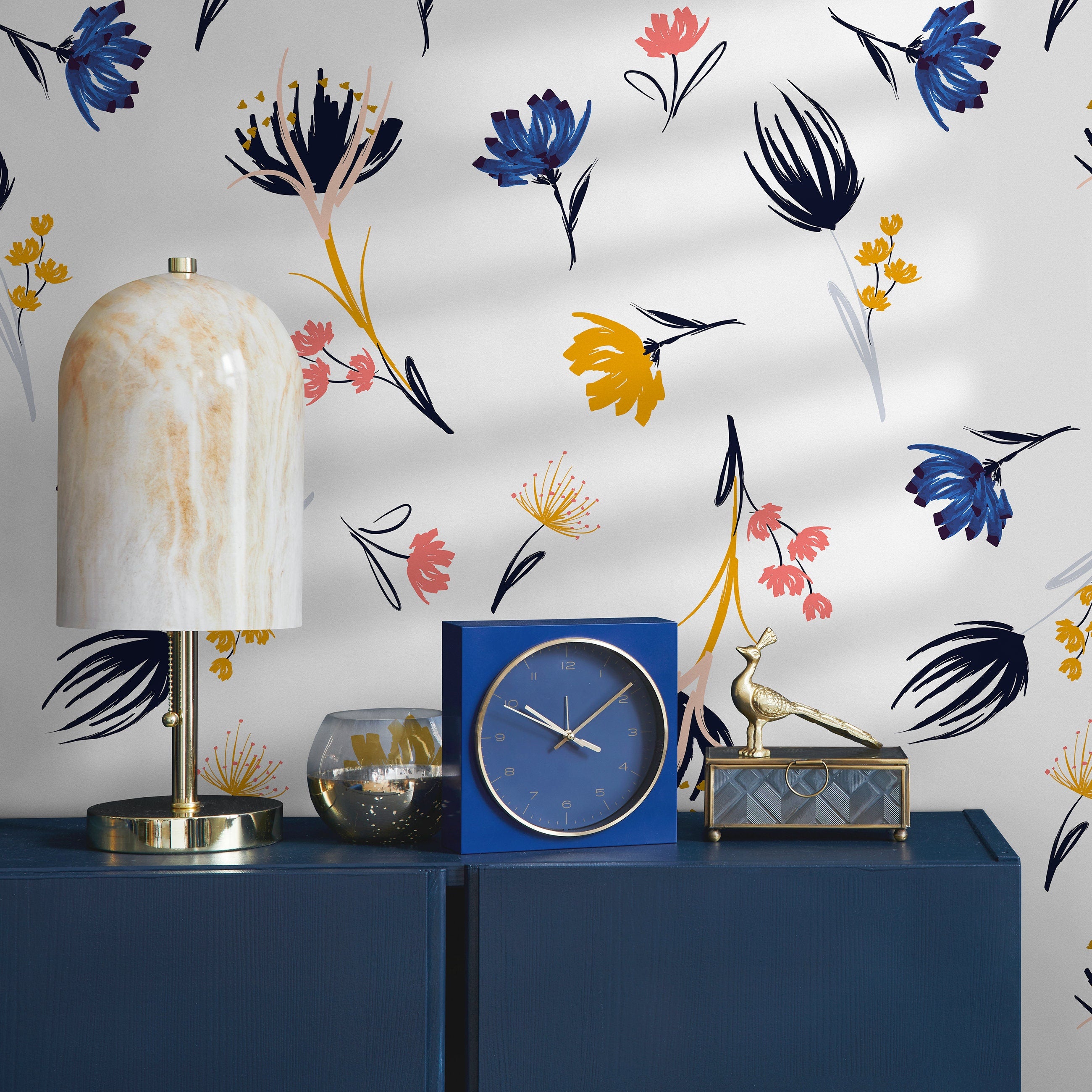 Floral Wallpaper With Abstract Wildflowers In Blue, Yellow, And Pink - B876