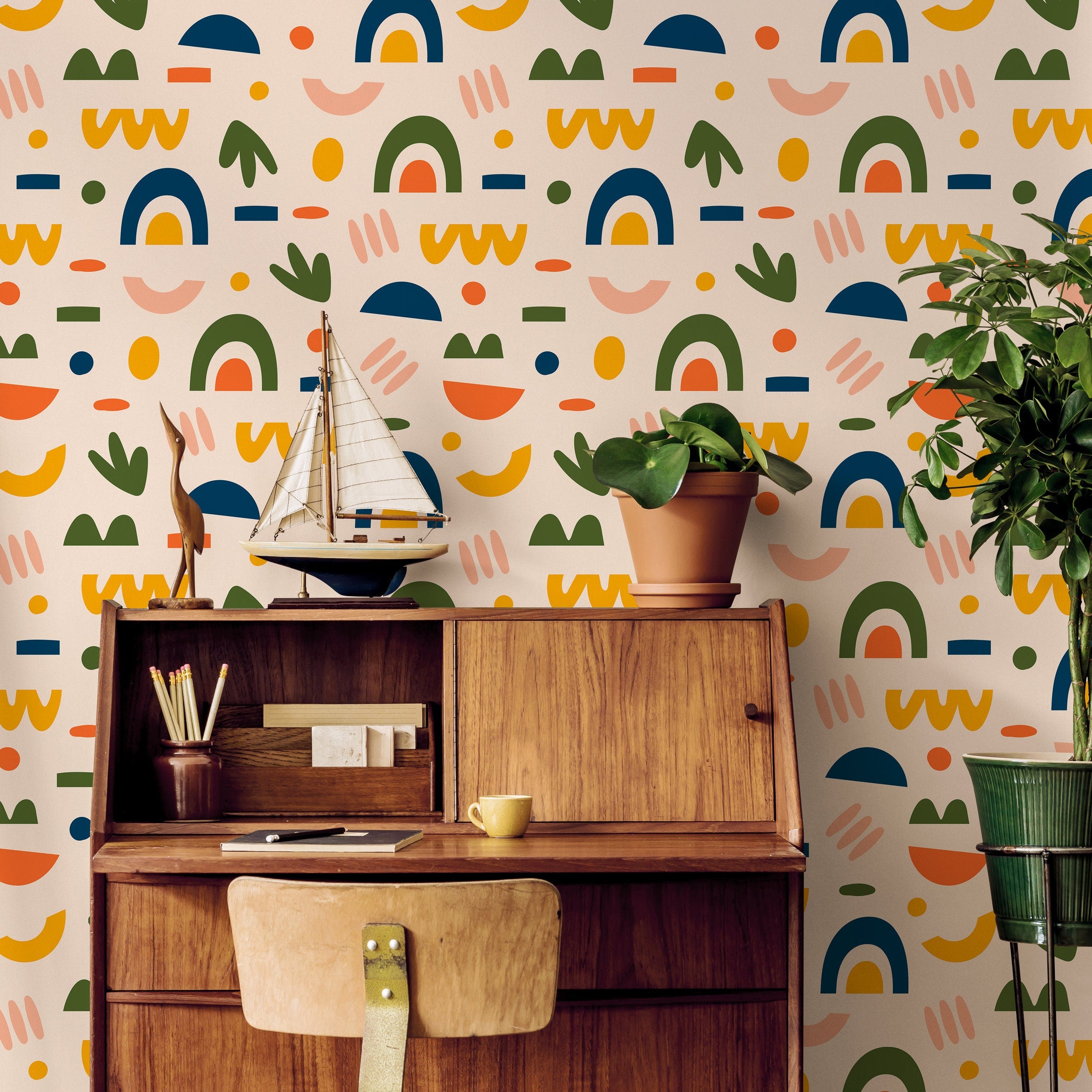 Abstract Wallpaper With Geometric Shapes In Orange, Blue, And Green - B878