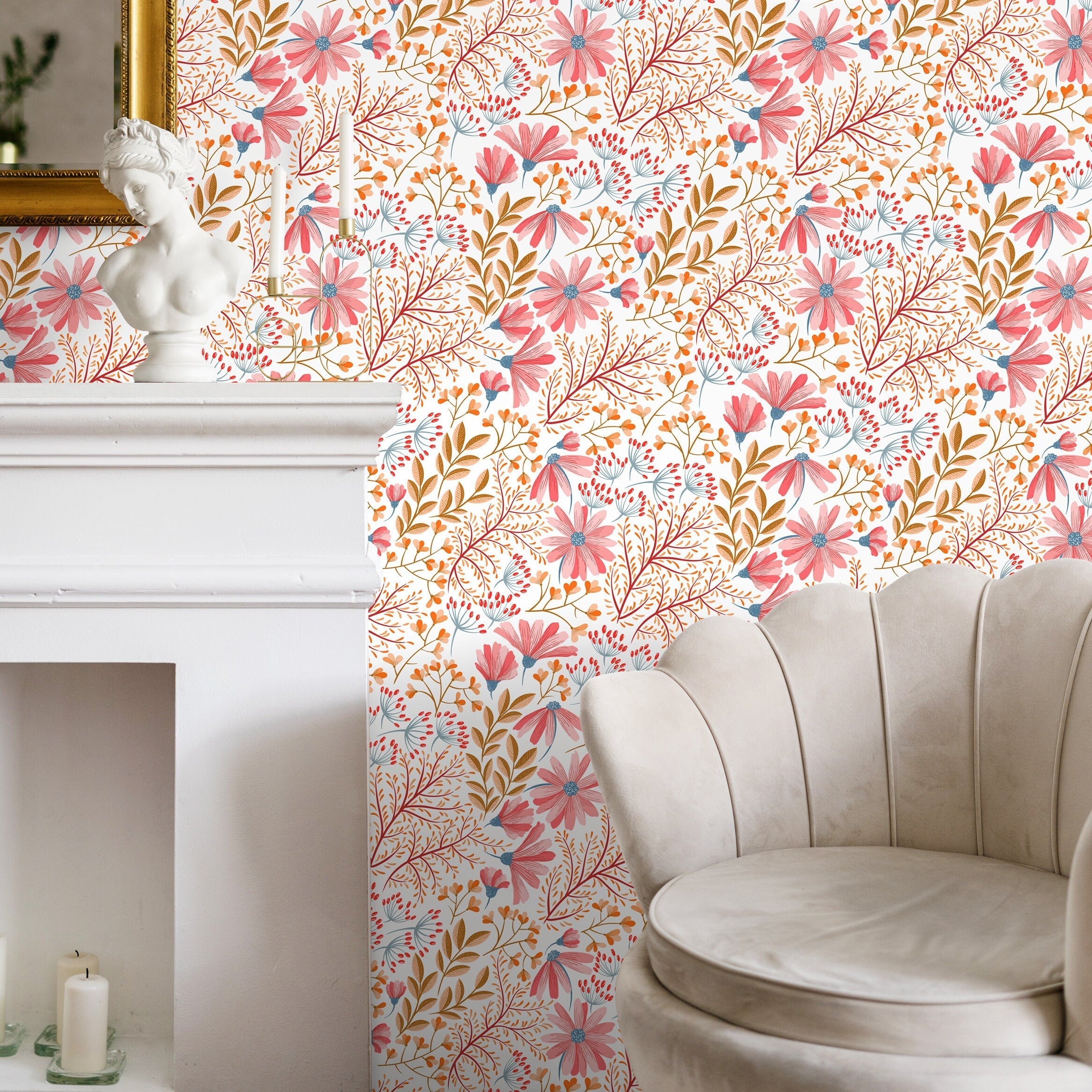 Floral Wallpaper With Stylized Wildflowers In Pink, Orange, And Blue - B896
