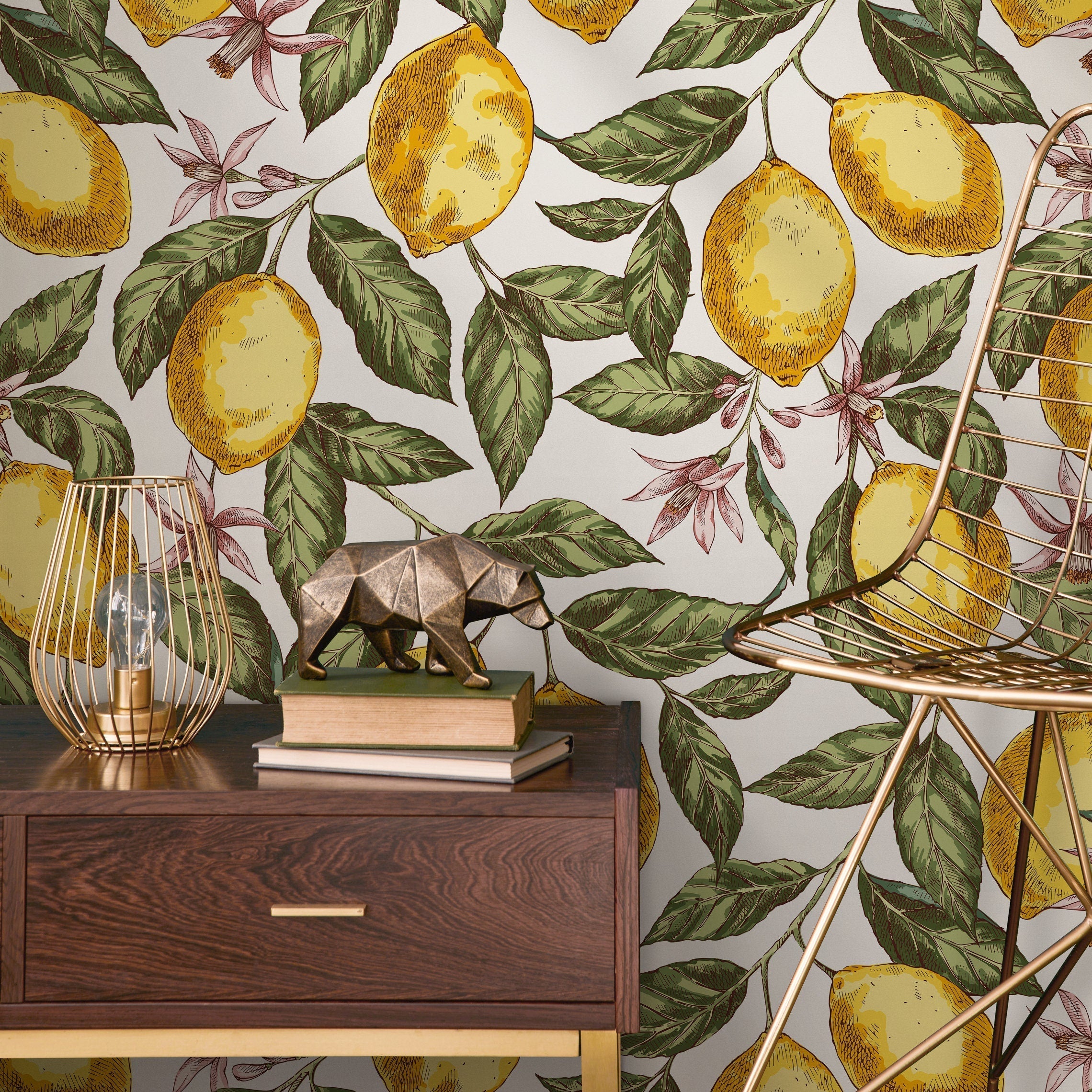 Botanical Wallpaper With A Vintage Lemon Motif In Yellow, Green, And Pink - B903