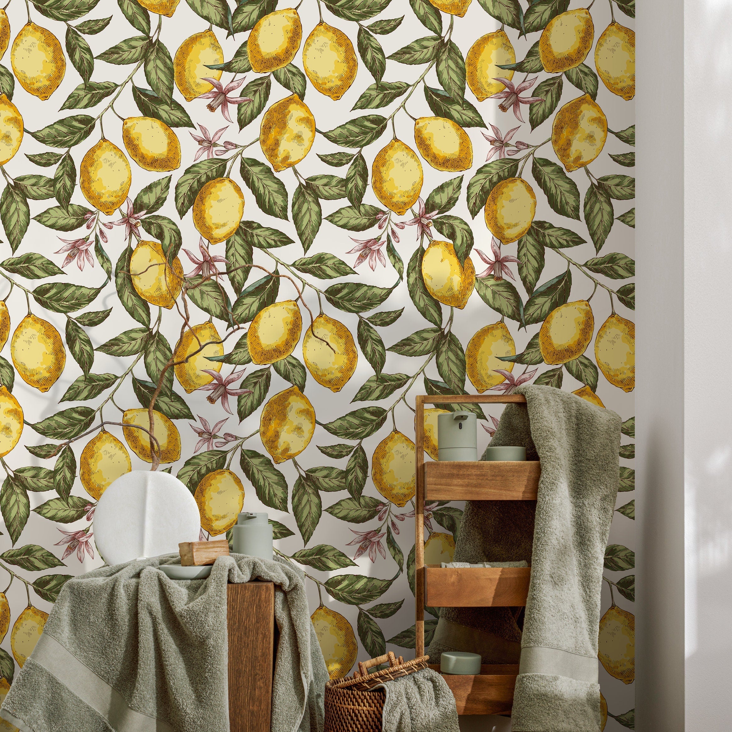 Botanical Wallpaper With A Vintage Lemon Motif In Yellow, Green, And Pink - B903
