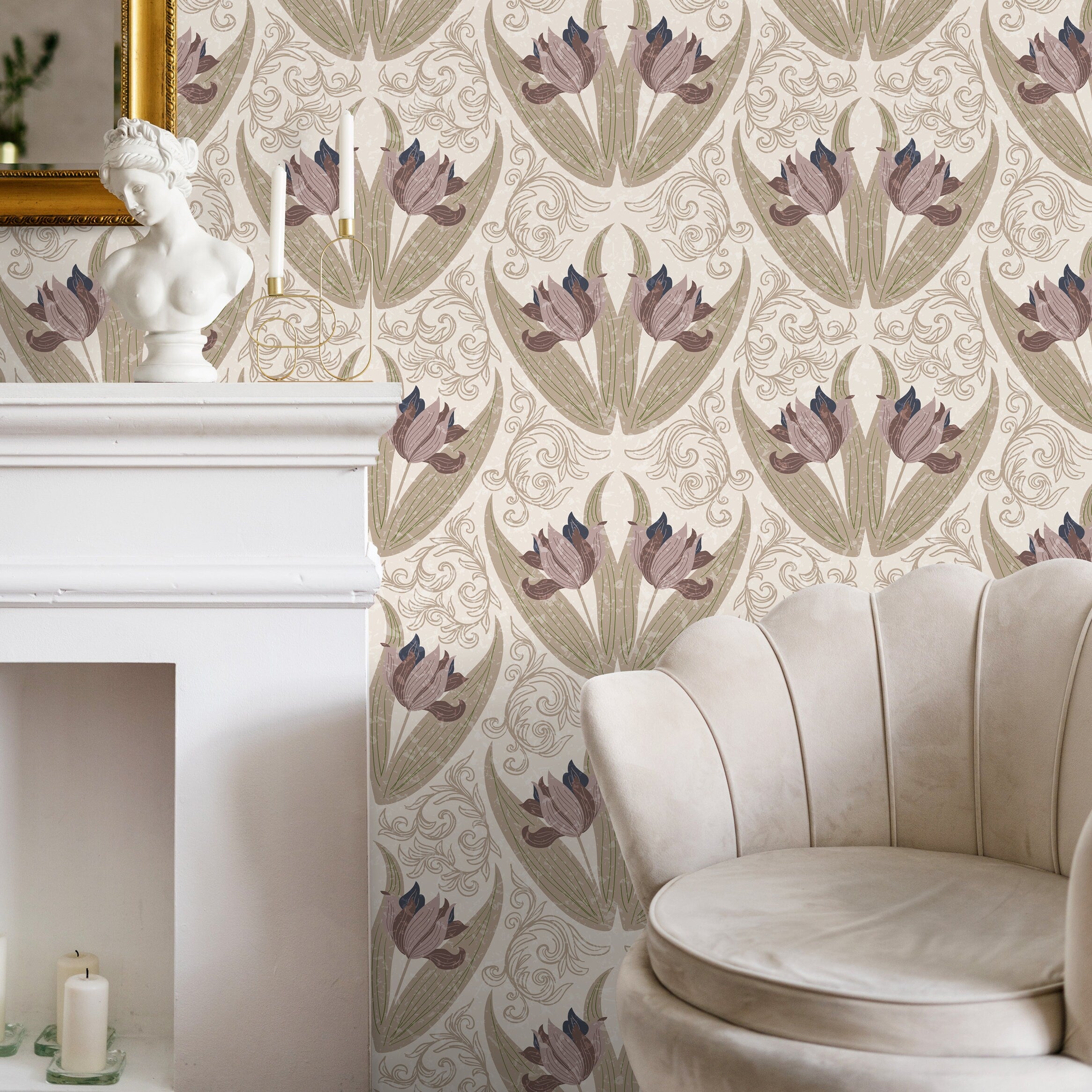 Art Nouveau Wallpaper With Stylized Tulips In Mauve, Sage, And Blue - B907