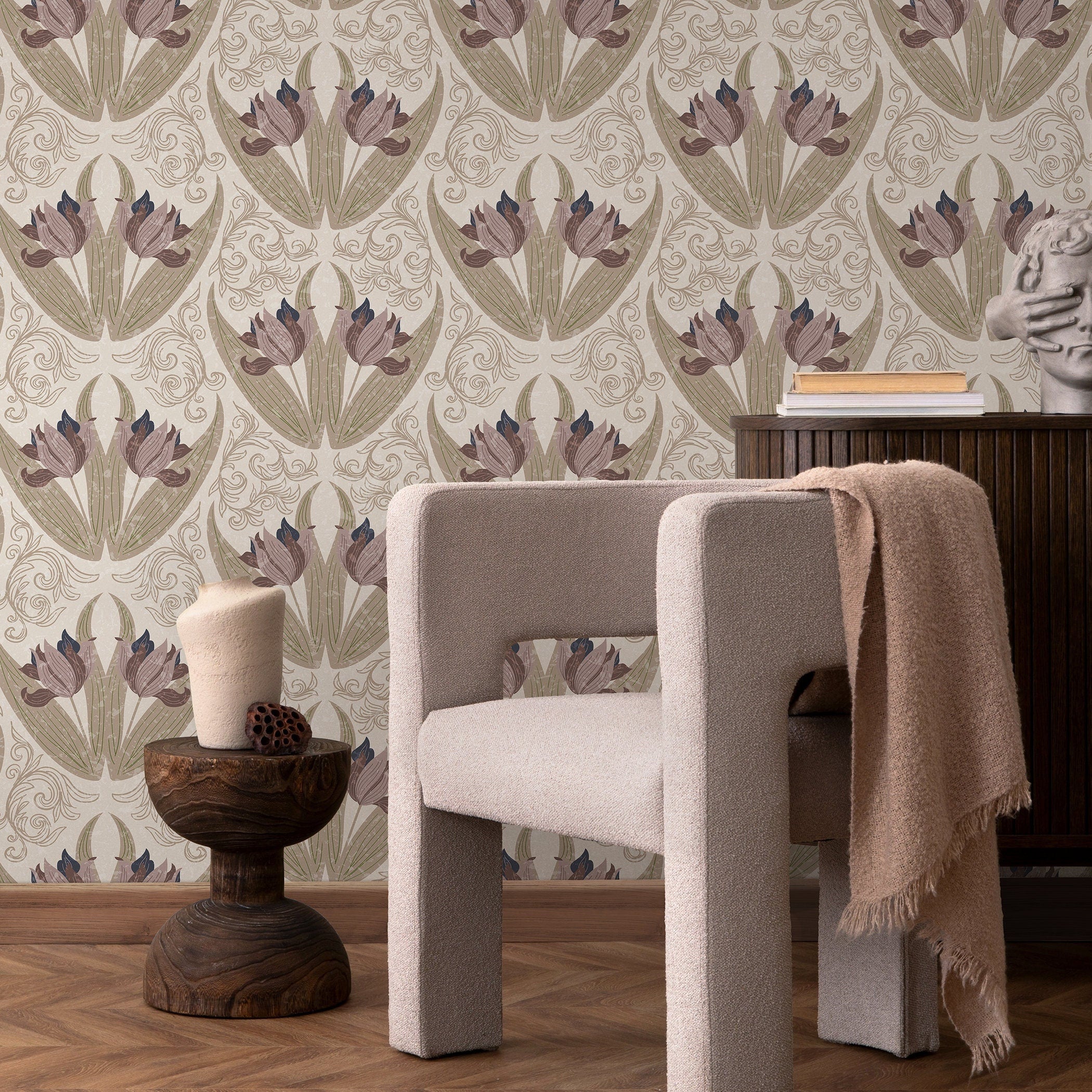 Art Nouveau Wallpaper With Stylized Tulips In Mauve, Sage, And Blue - B907