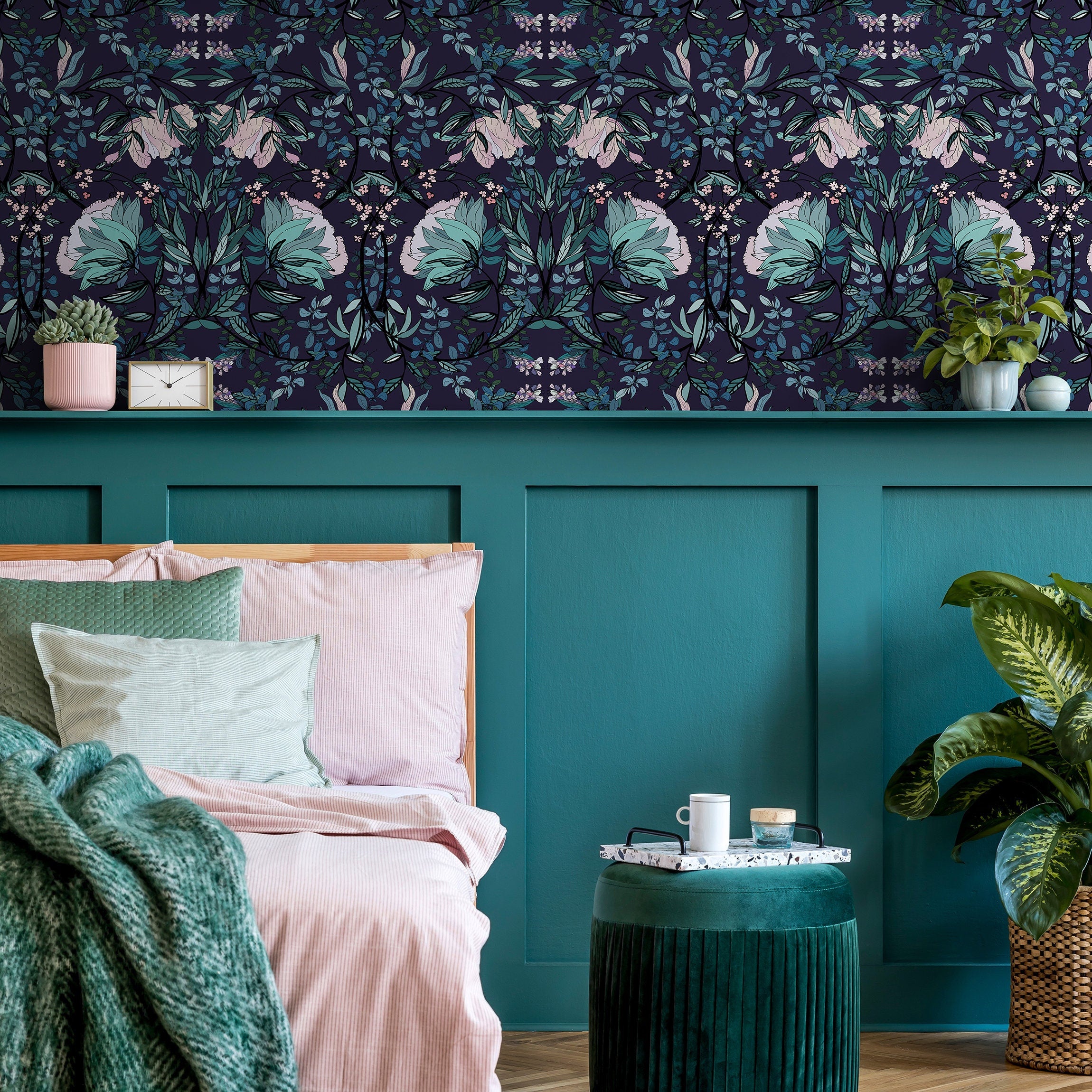 Botanical Wallpaper With A Symmetrical Floral Motif In Dark Blue, Teal, And Pink - B912