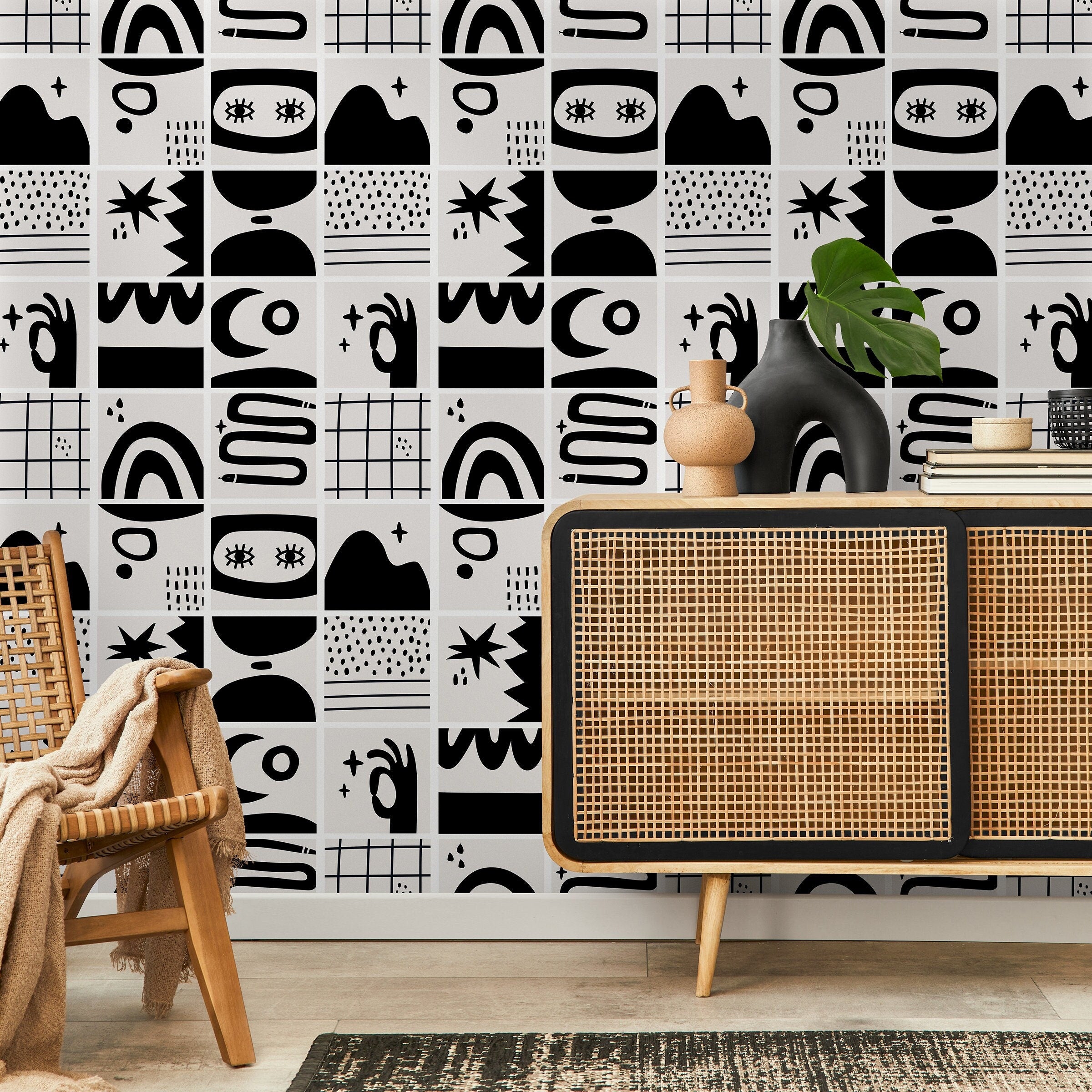 Abstract Wallpaper With Tiled Hand-drawn Motifs In Black And Light Gray - B923