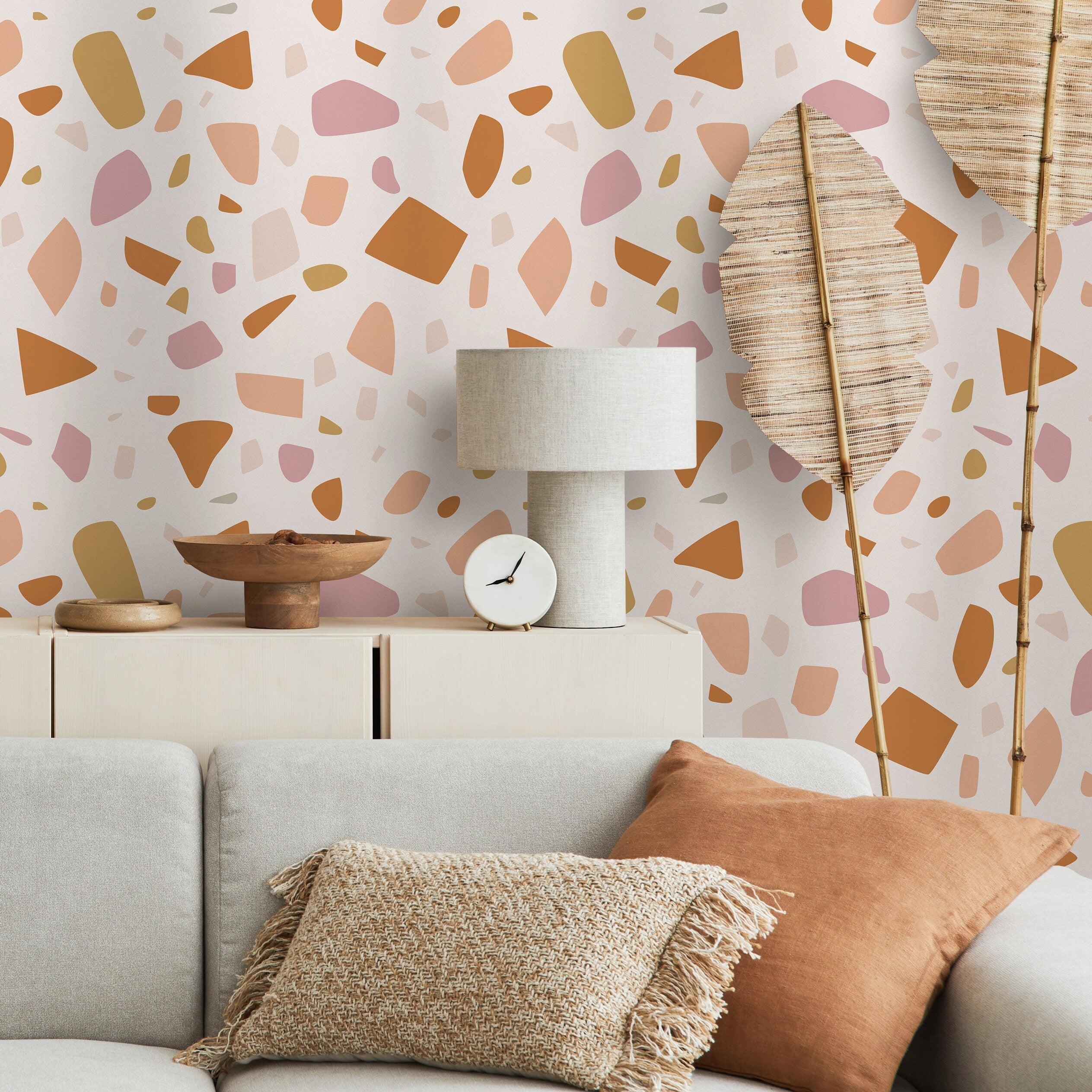 Terrazzo Wallpaper With An Organic Chip Motif In Orange, Pink, And Yellow - B933