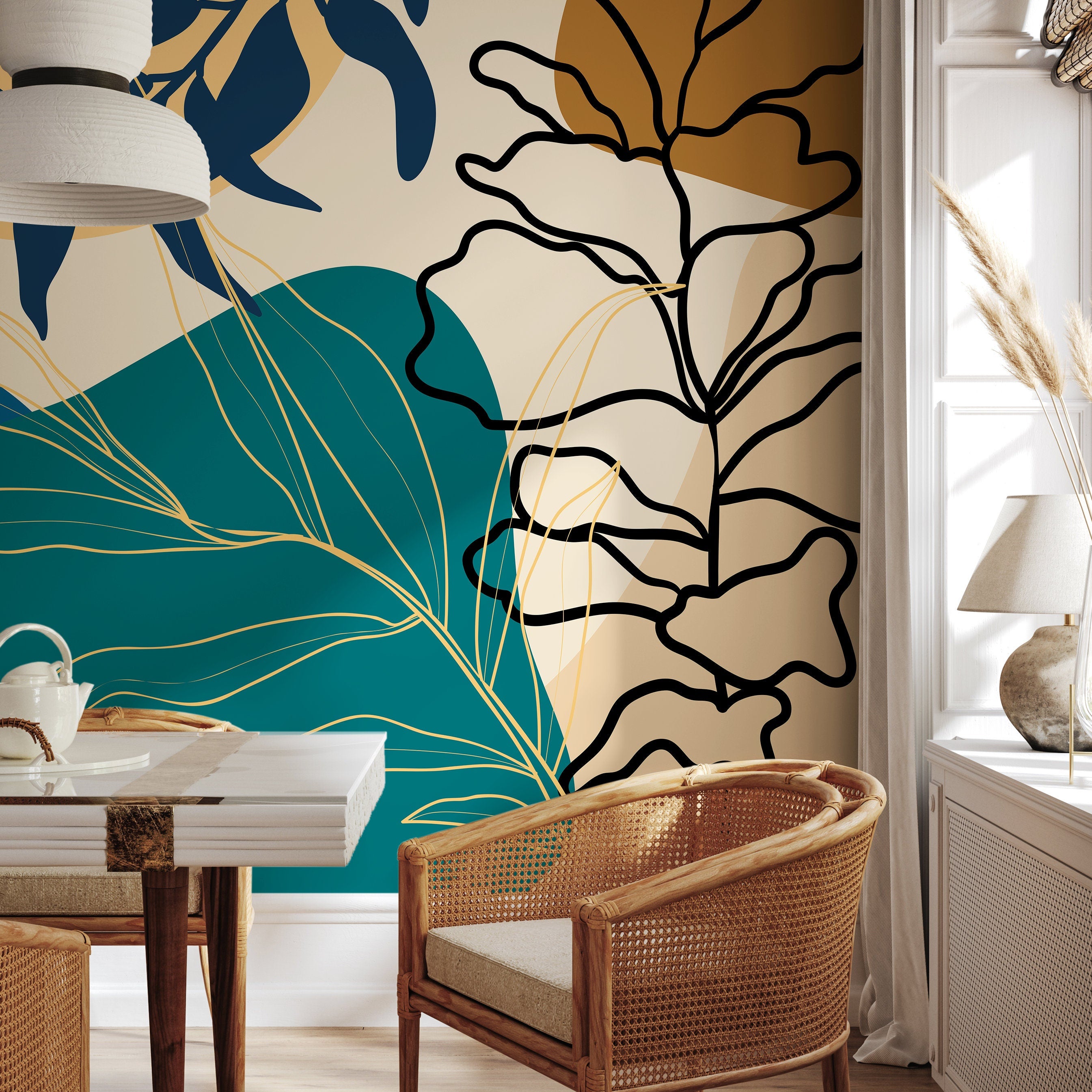 Botanical Wallpaper With Abstract Leaf Shapes In Blue, Teal, And Ochre - B951
