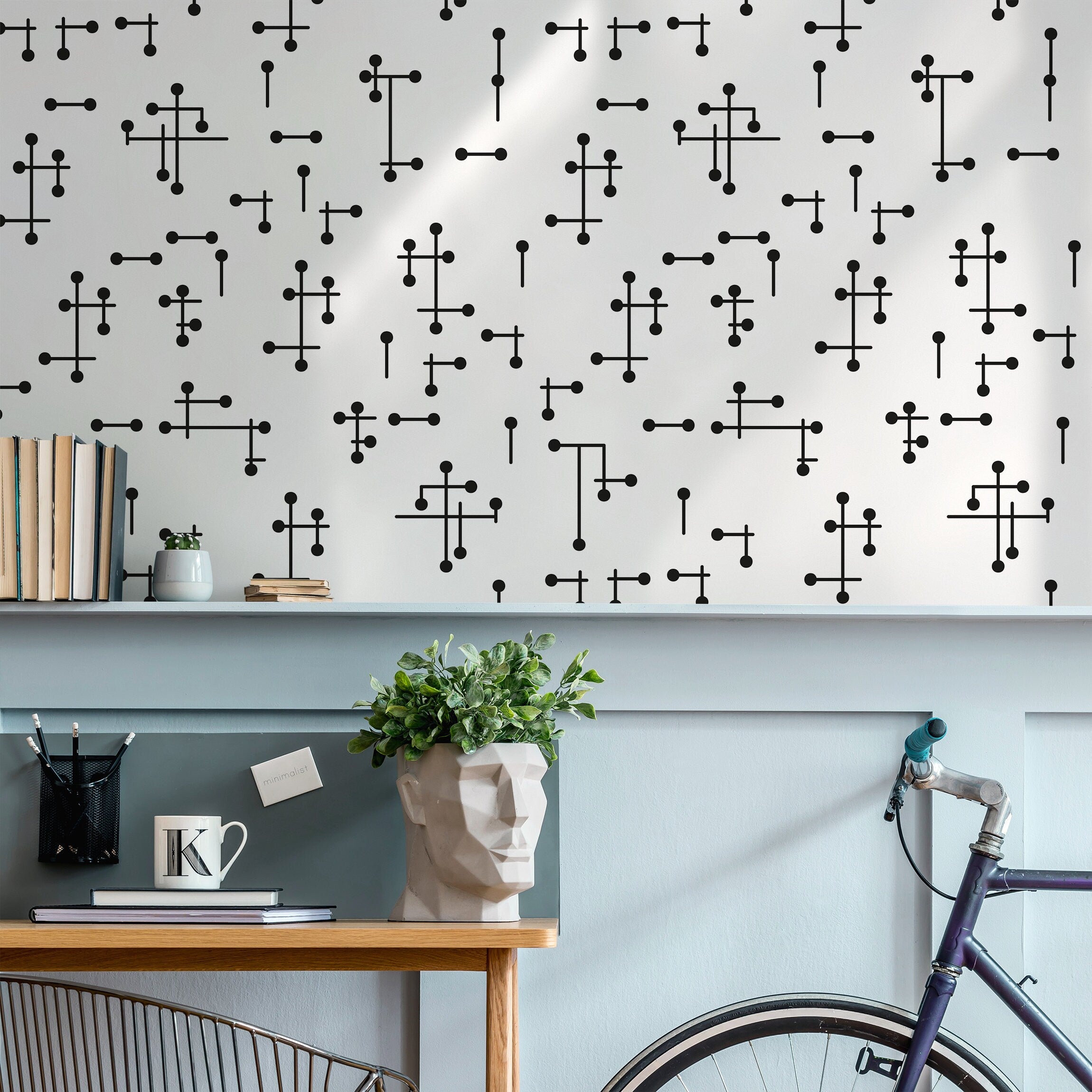 Geometric Wallpaper With A Mid-century Line And Dot Motif In Black And White - B969