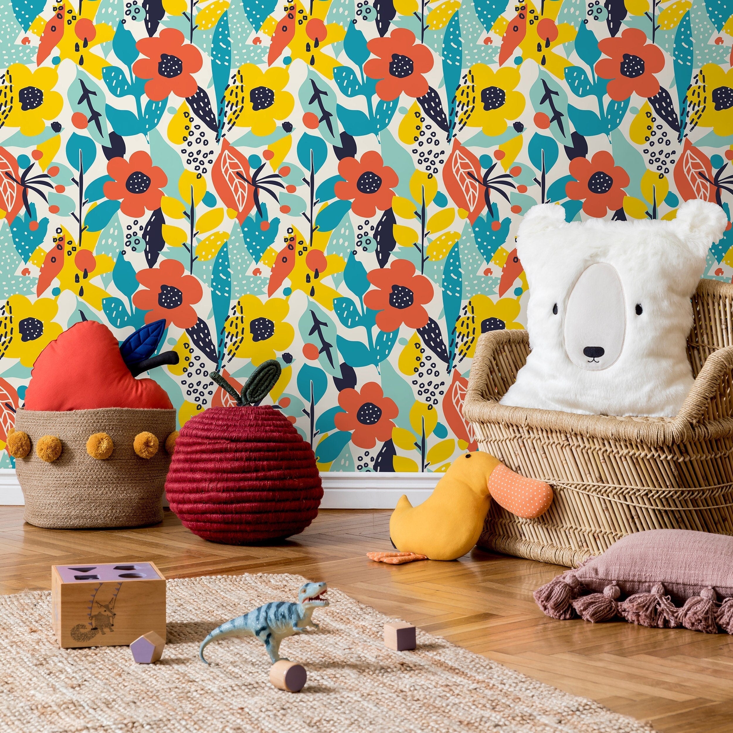 Abstract Wallpaper With Pop Art Flowers In Orange, Yellow, And Teal - B991