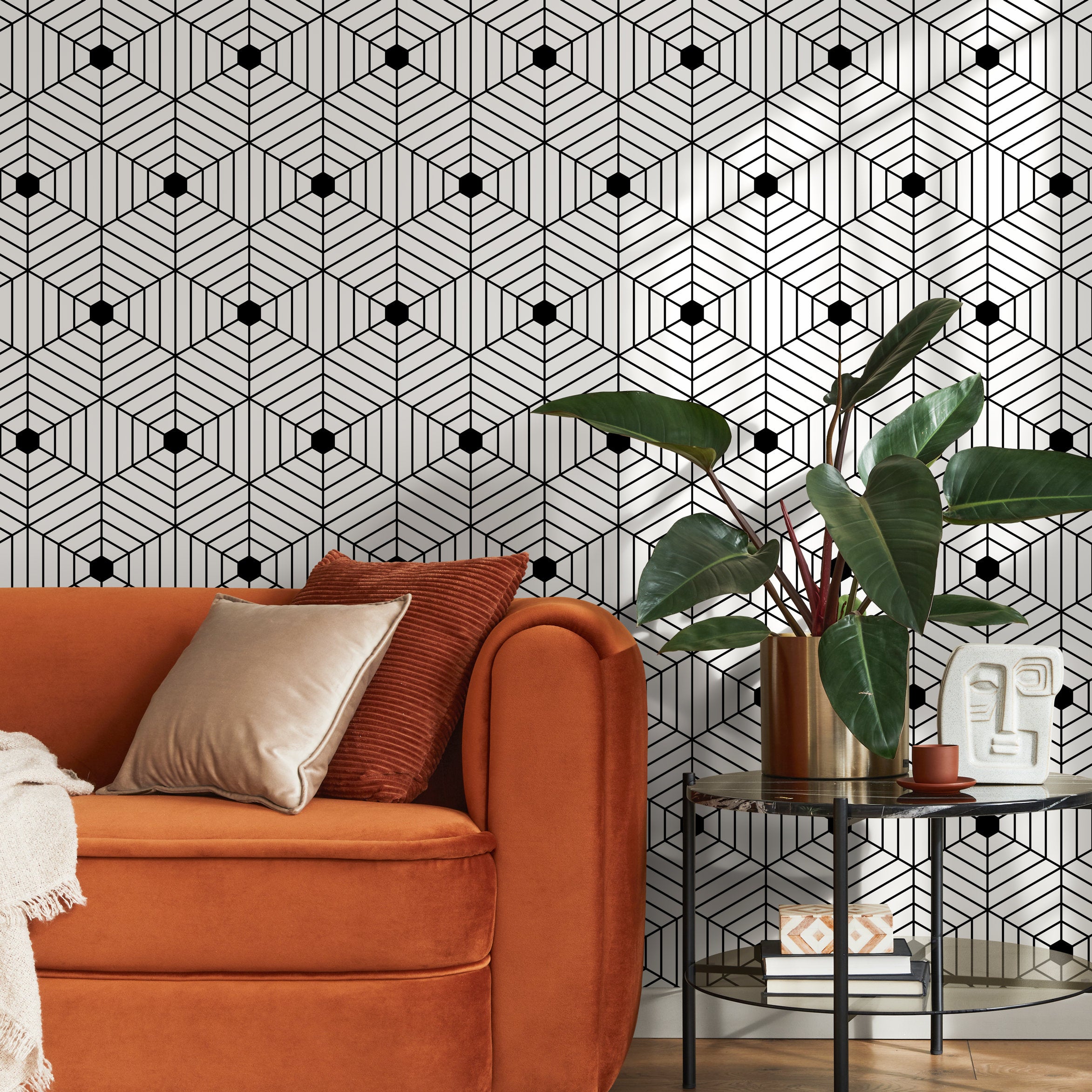 Geometric Wallpaper Featuring An Optical Cube Motif In Black And White - B147