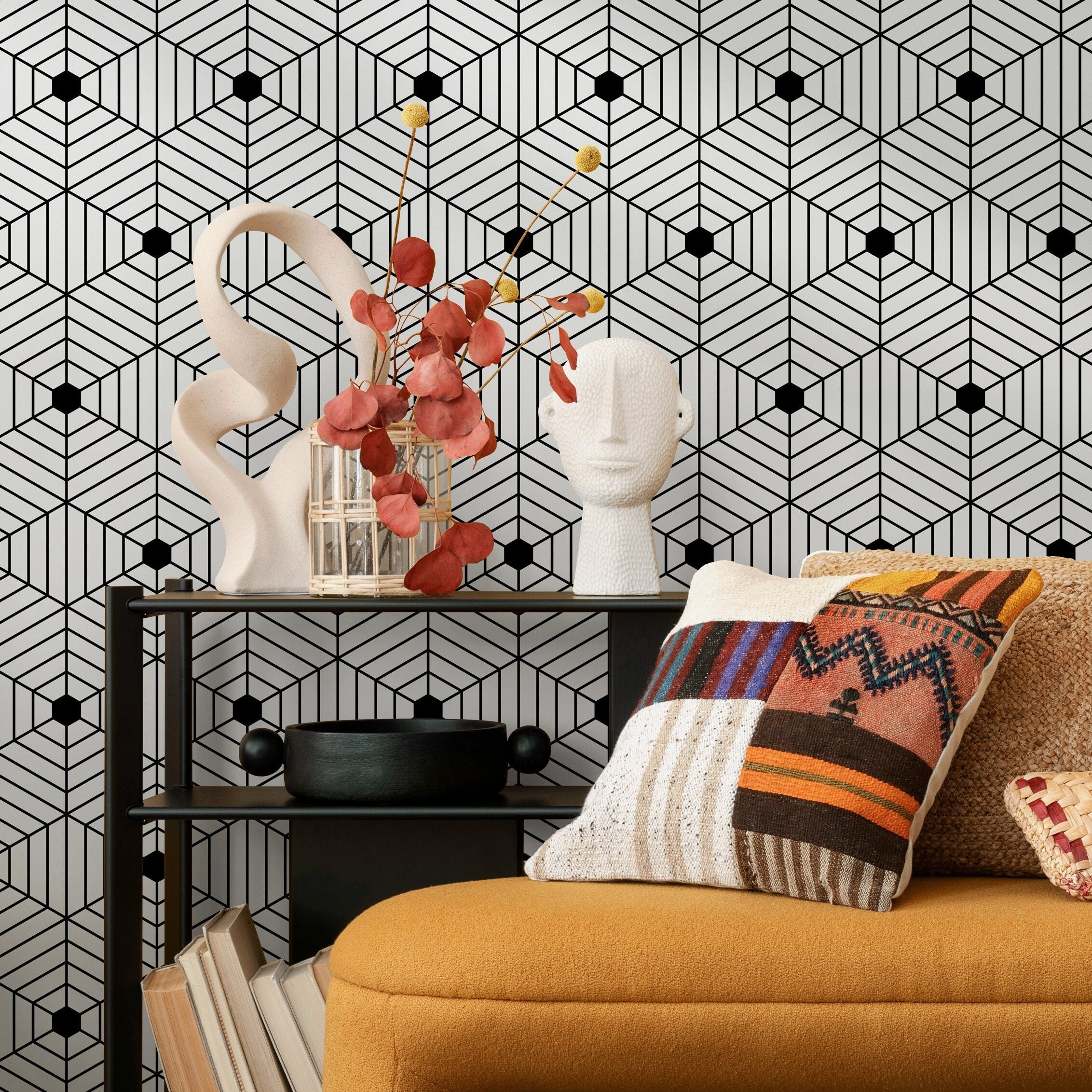 Geometric Wallpaper Featuring An Optical Cube Motif In Black And White - B147