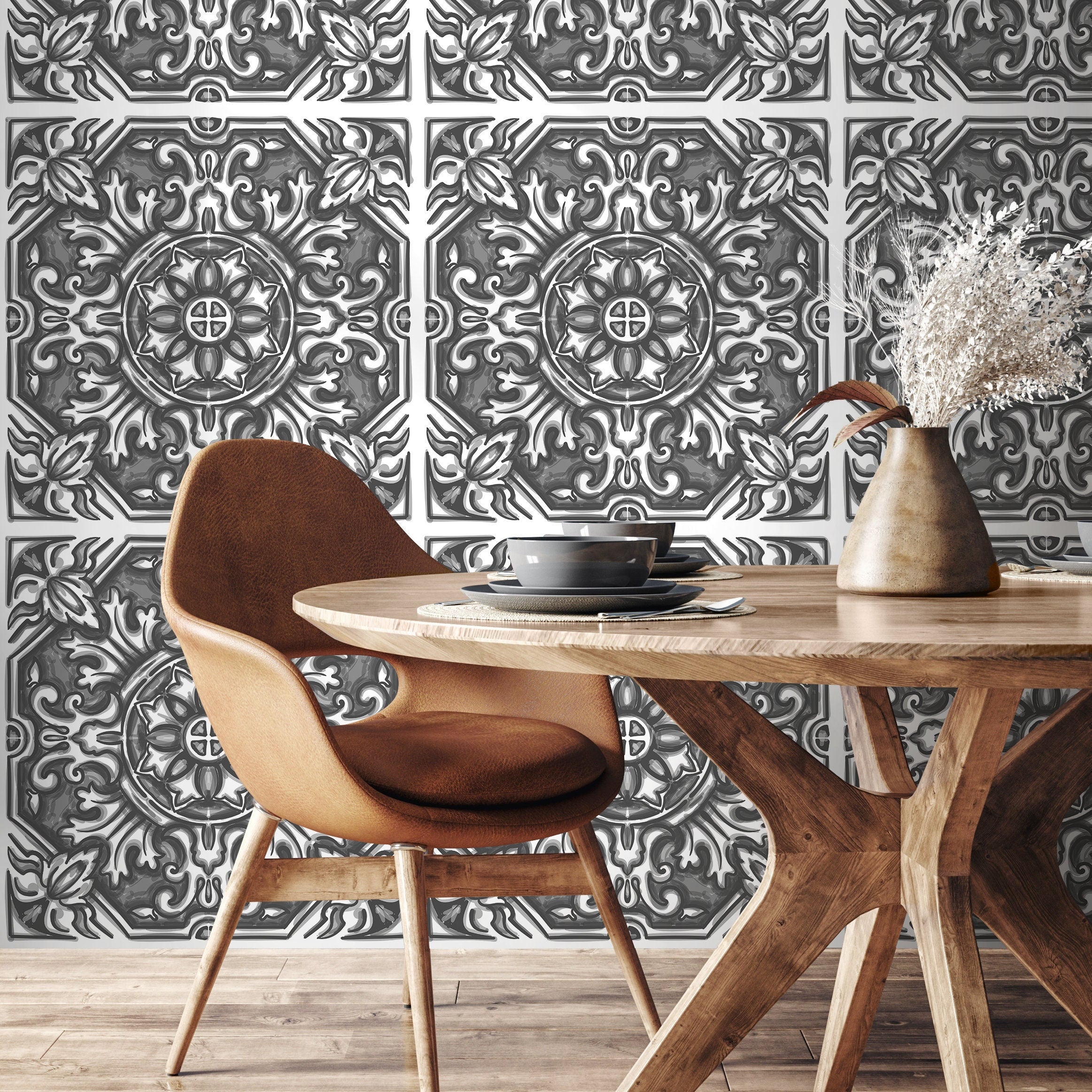 Tile Wallpaper With A Hand-sketched Baroque Motif In Black And Gray - B148