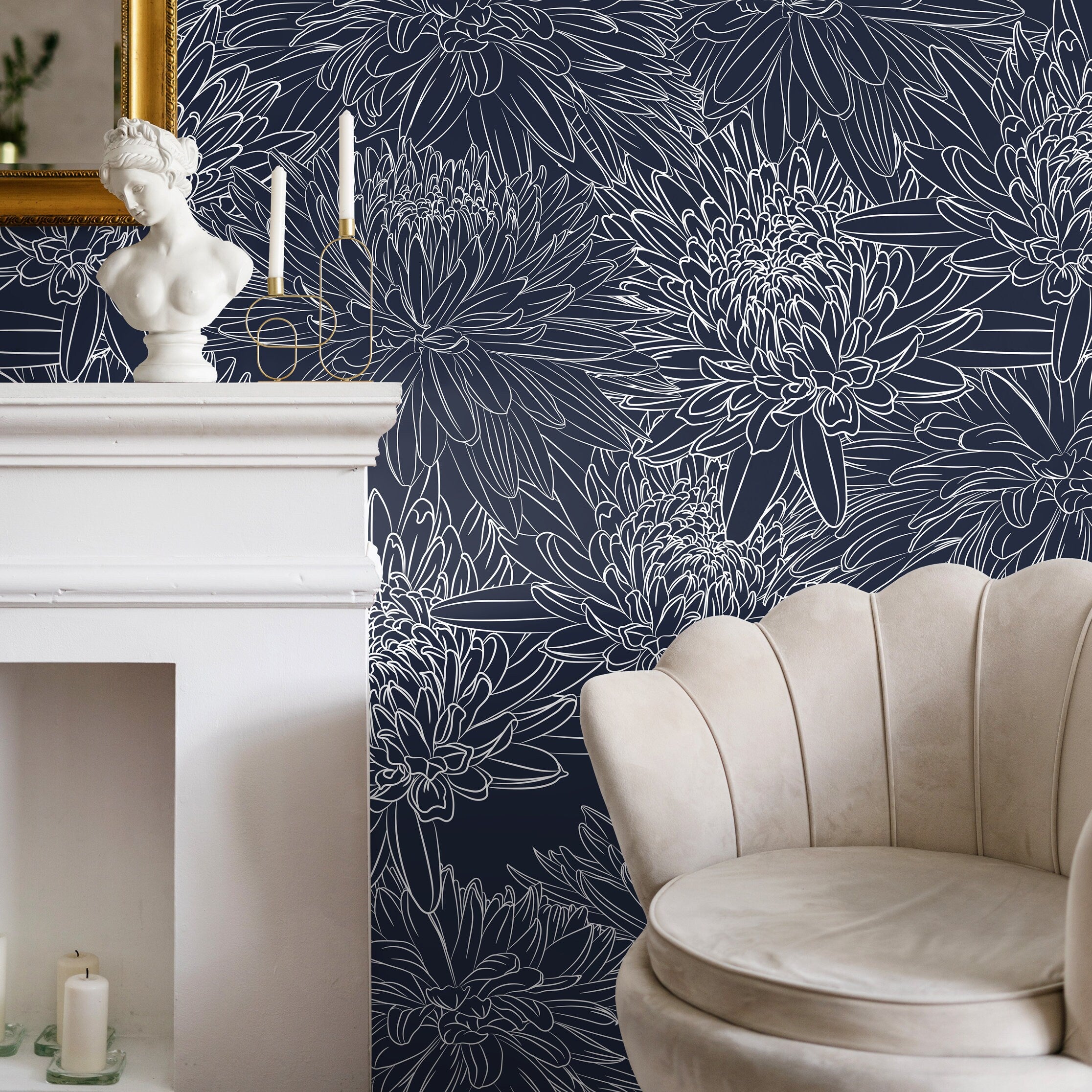 Floral Wallpaper With Chrysanthemum Line Art In Navy Blue And White - B149