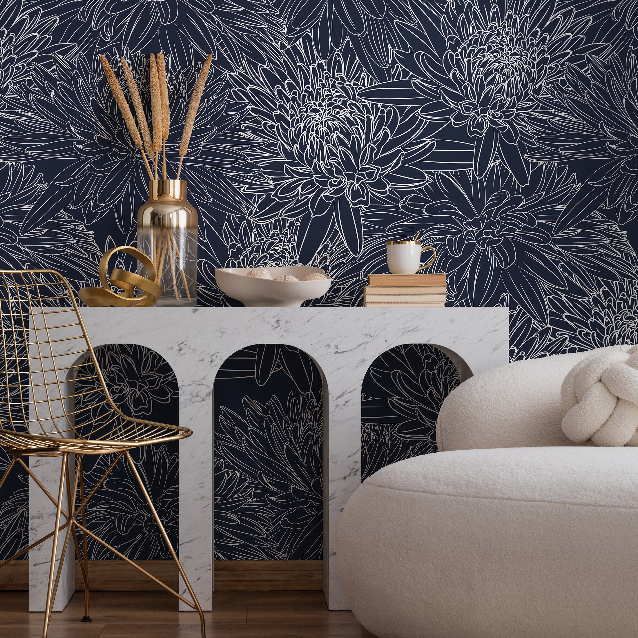 Floral Wallpaper With Chrysanthemum Line Art In Navy Blue And White - B149