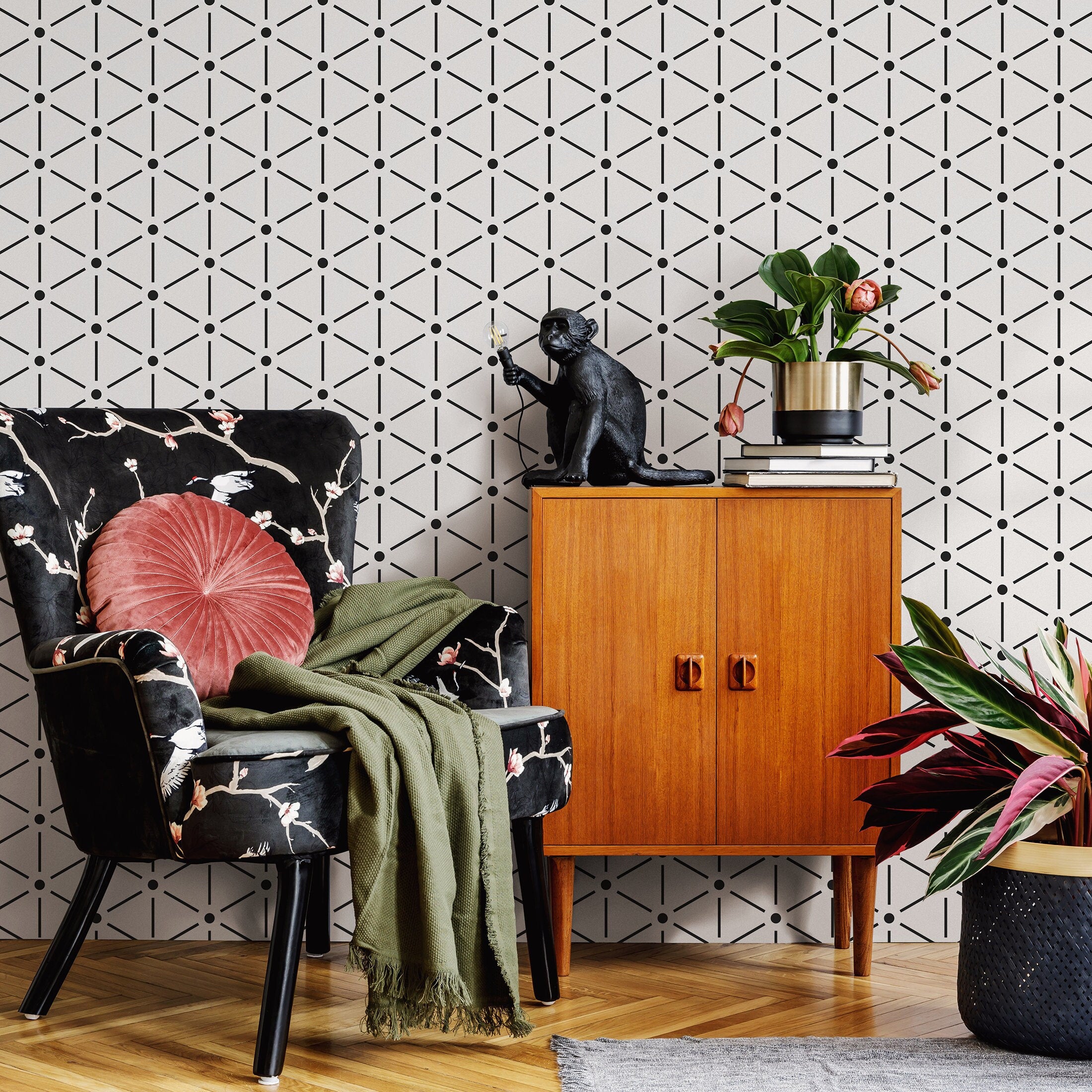 Geometric Wallpaper With A Modern Triangle Grid In Black And White - B155