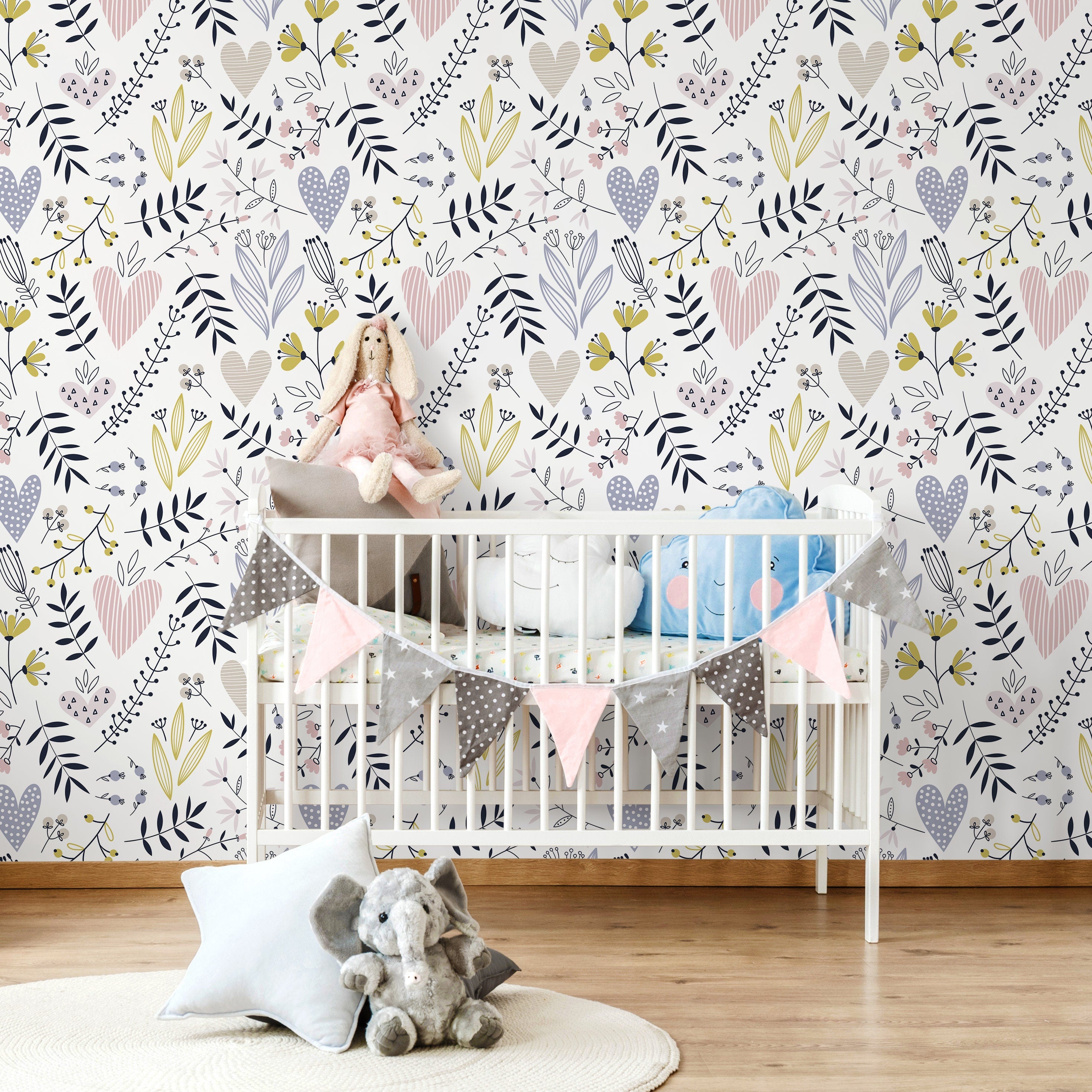 Botanical Wallpaper With Whimsical Hearts And Flowers In Pink, Blue, And Yellow - B275