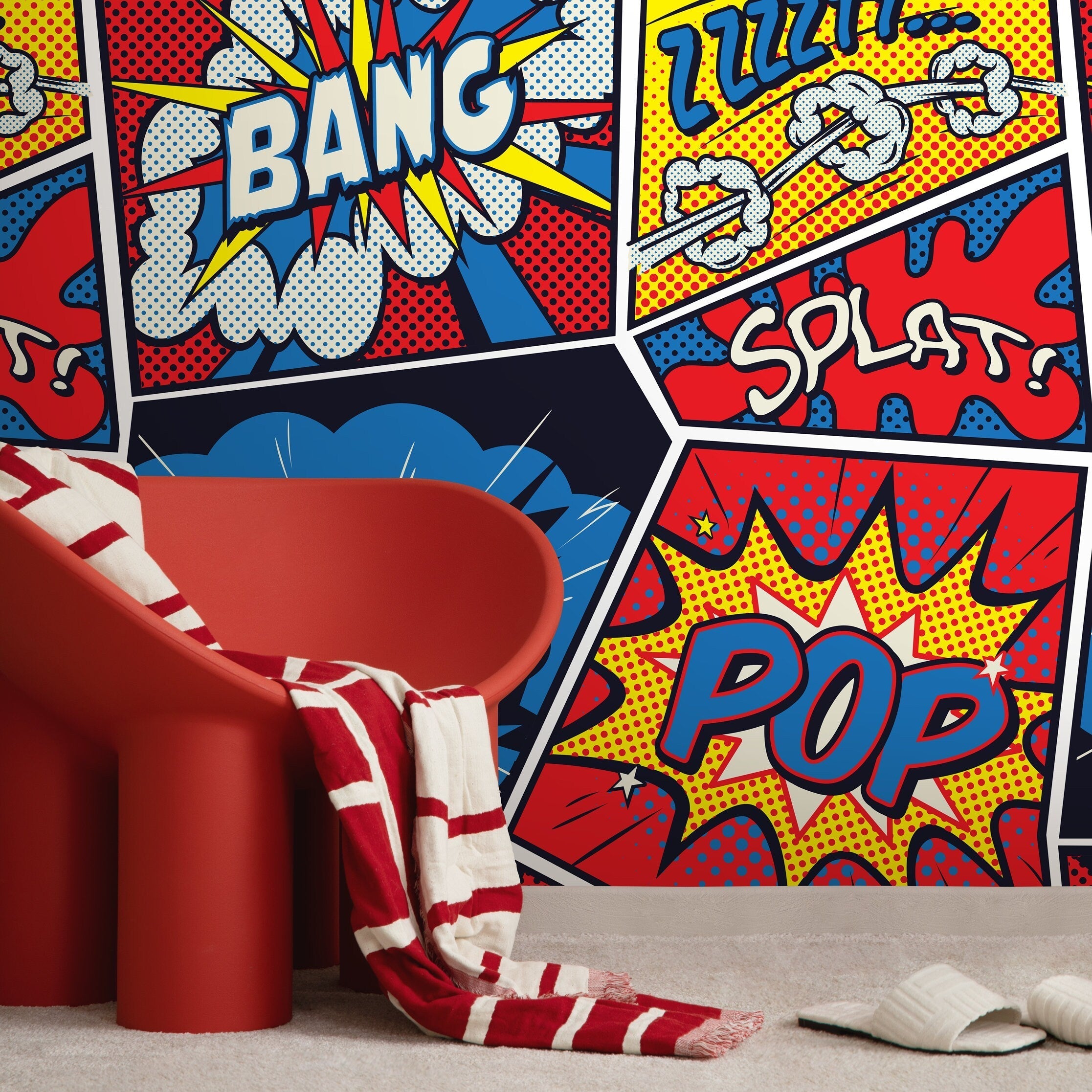 Pop Art Wallpaper With A Comic Book Motif In Red, Blue, And Yellow - B278