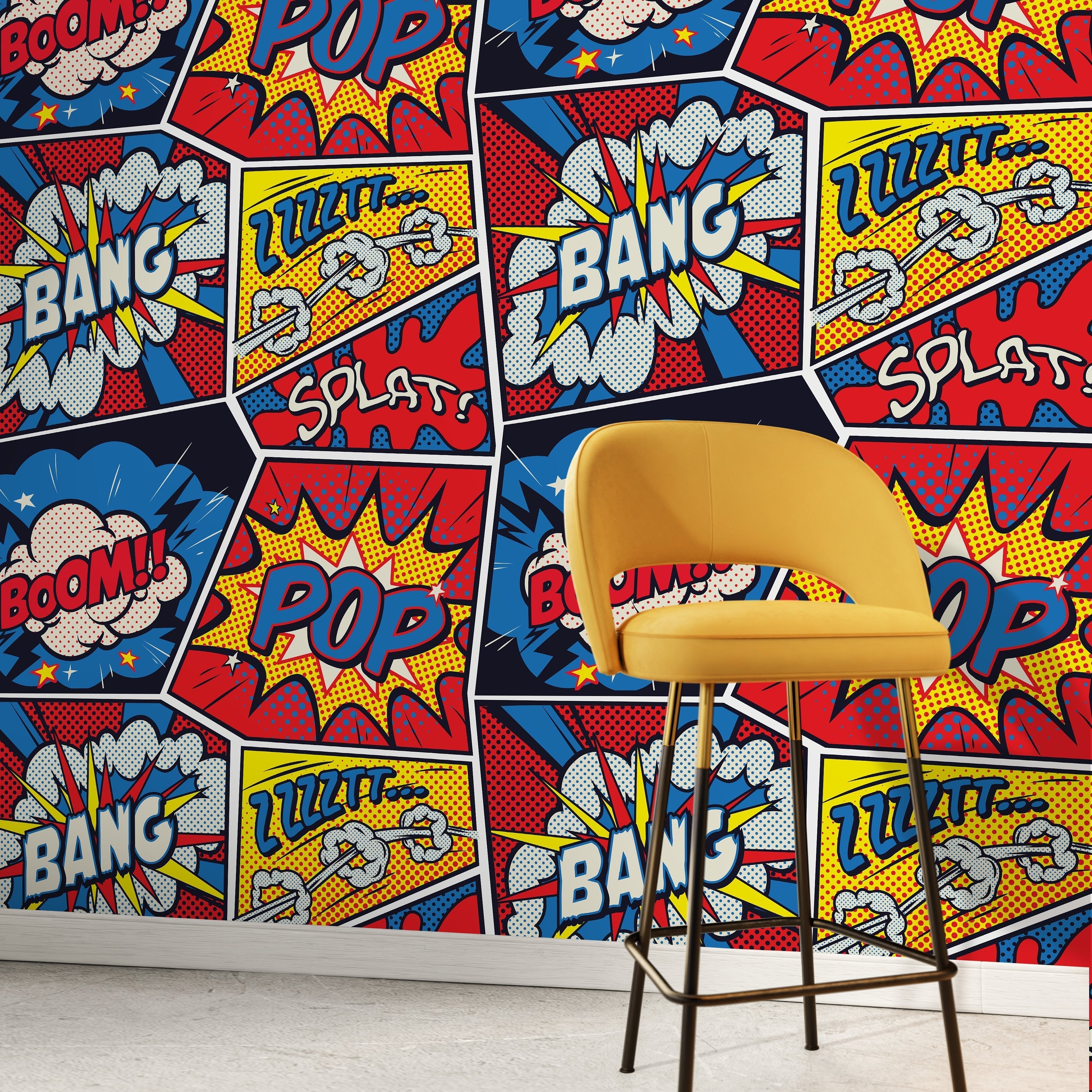 Pop Art Wallpaper With A Comic Book Motif In Red, Blue, And Yellow - B278