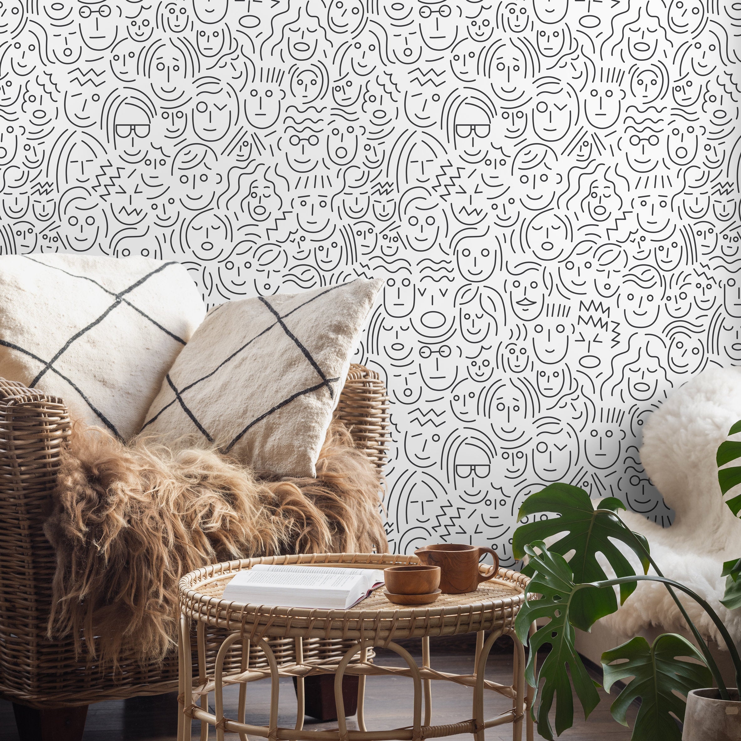 Abstract Wallpaper With A Pattern Of Doodled Faces In Black And White - B280