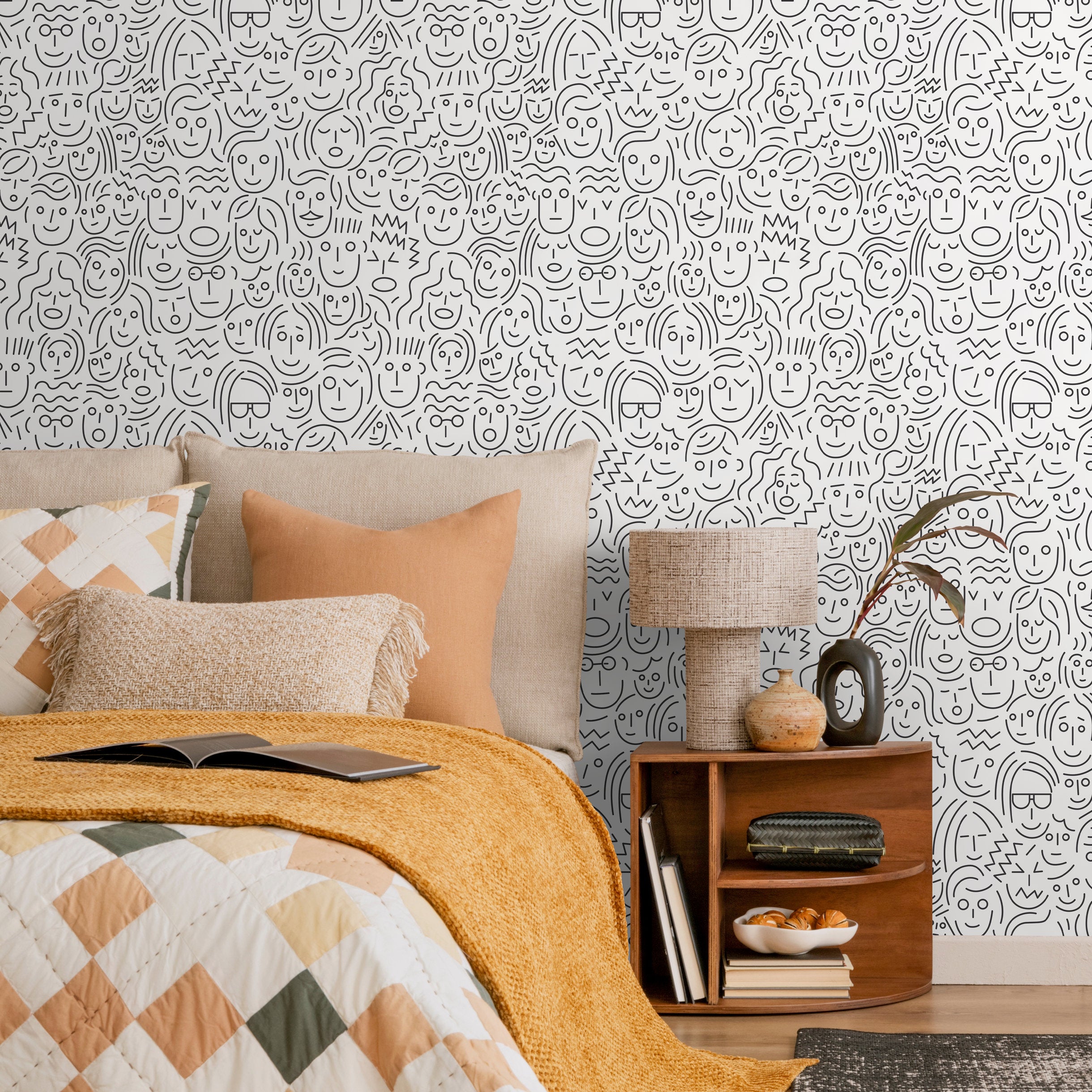 Abstract Wallpaper With A Pattern Of Doodled Faces In Black And White - B280