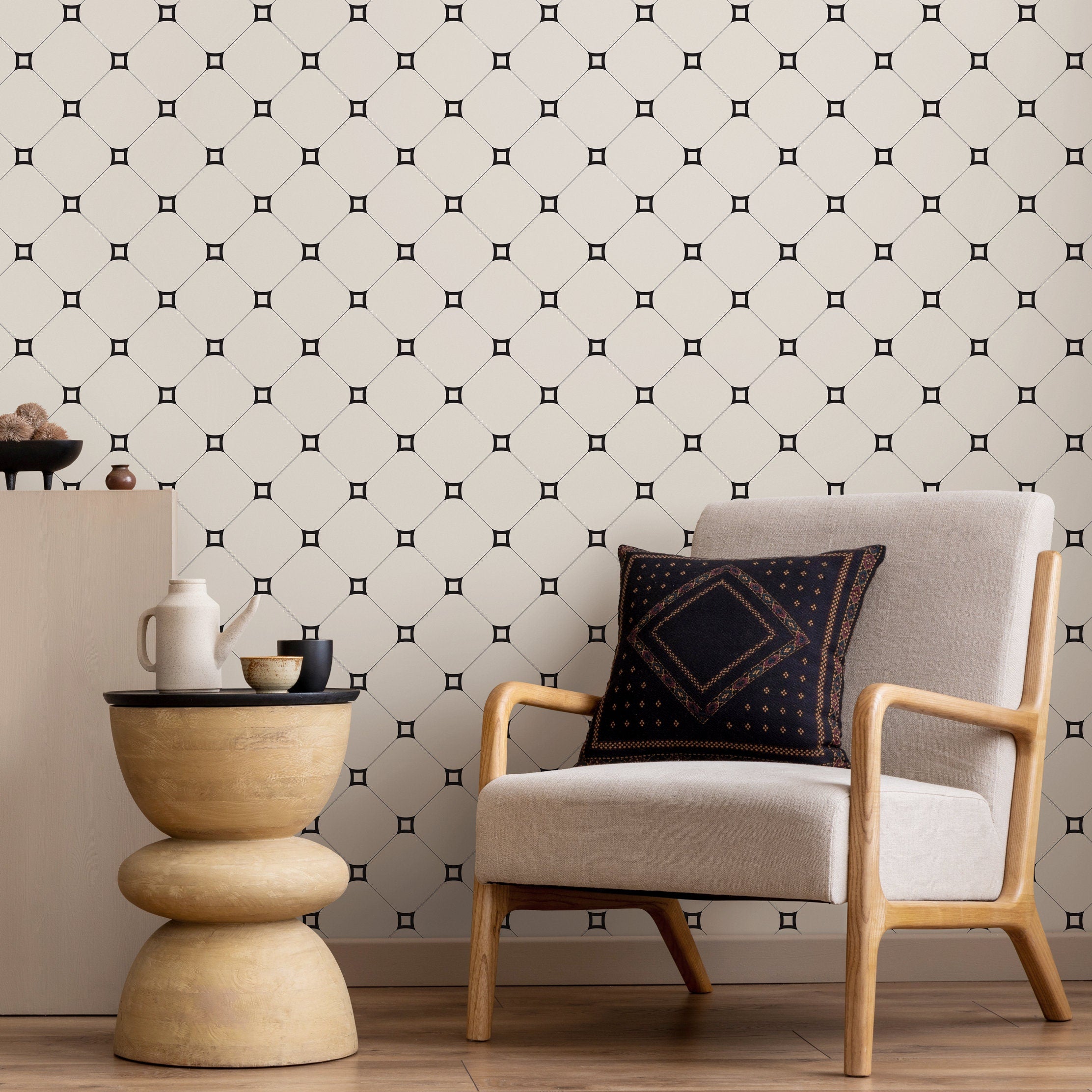 Geometric Wallpaper With A Minimalist Tile Grid In Black And White - B288