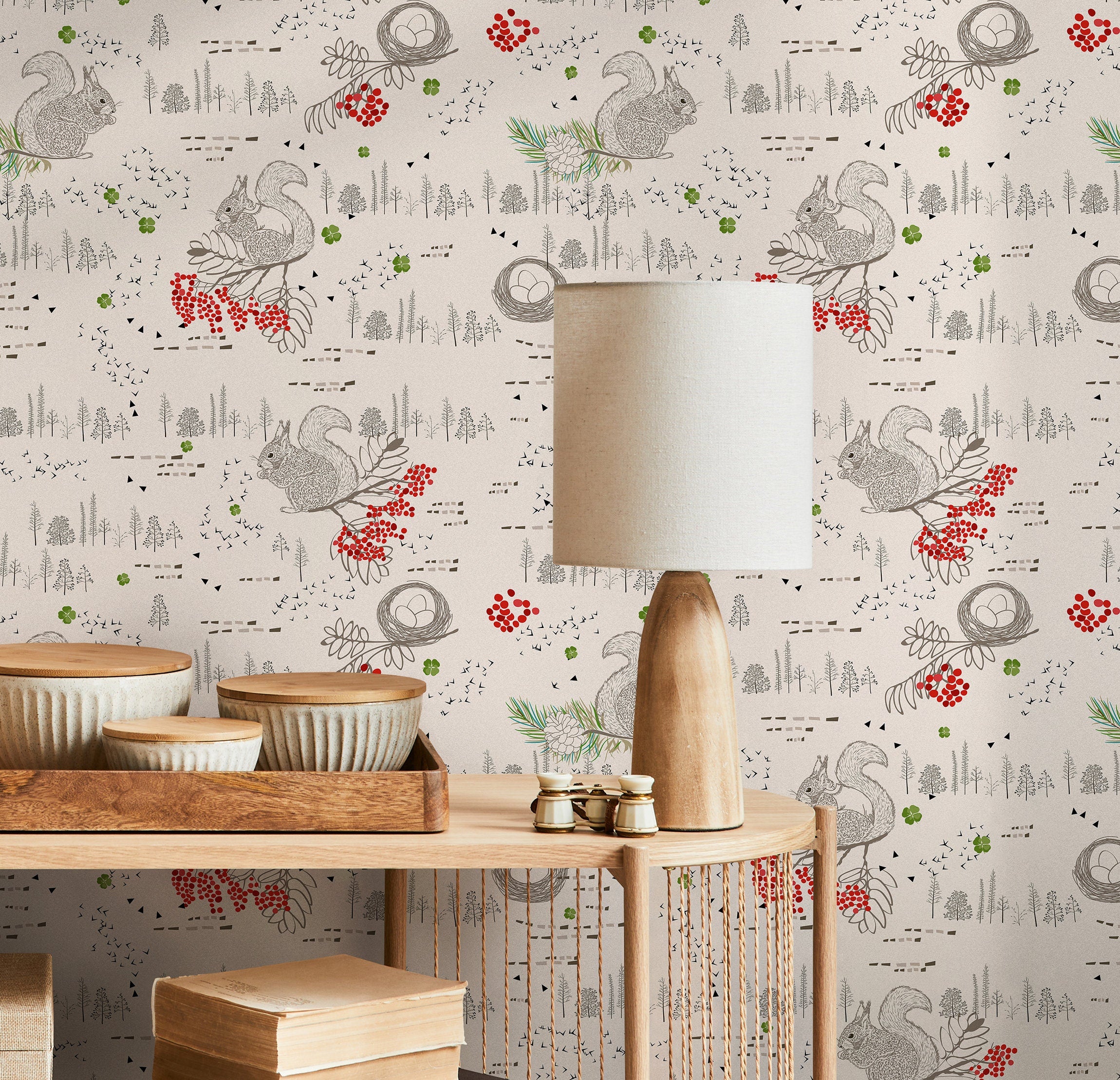Woodland Wallpaper With Squirrels And Red Berries In Red, Grey, And Green - B289