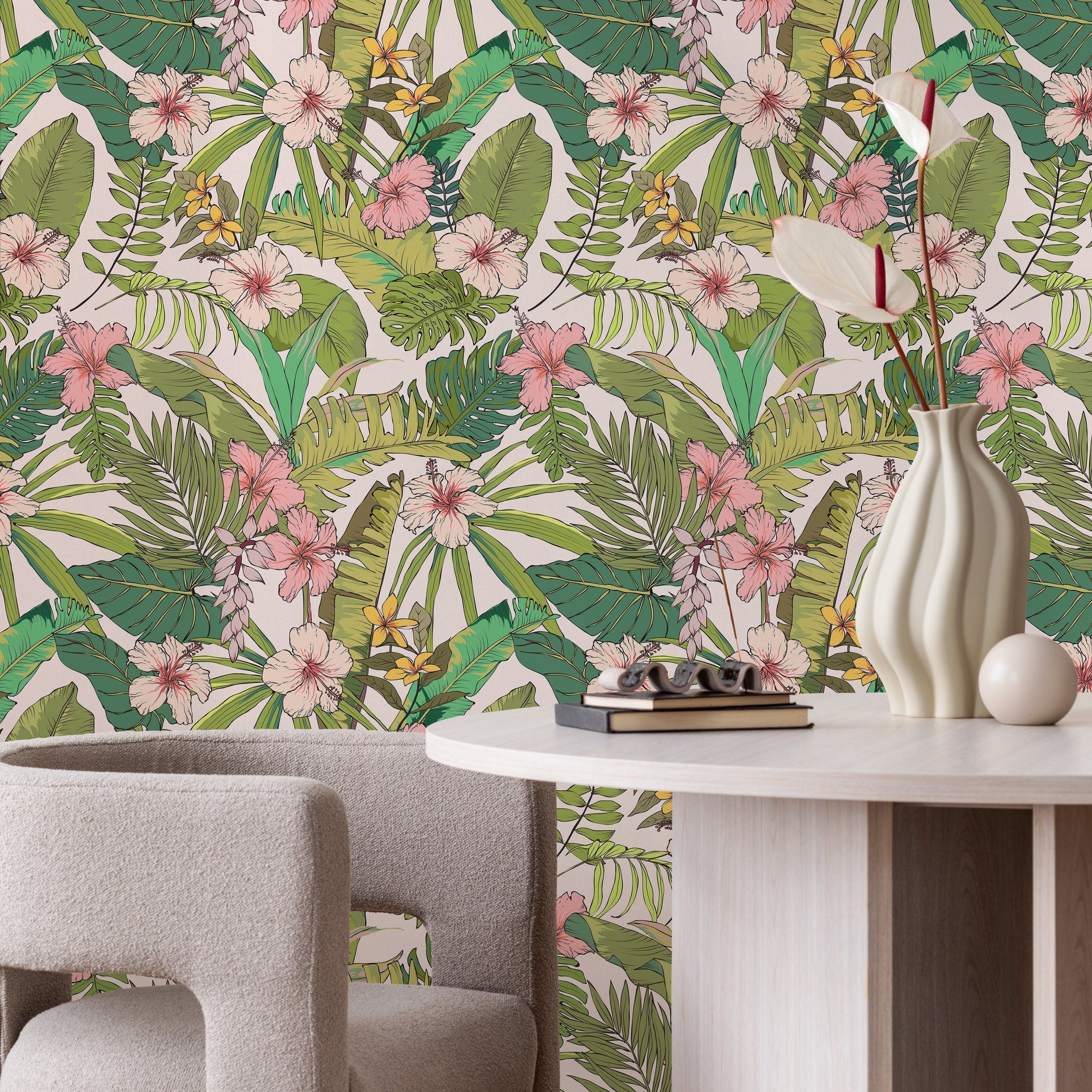Tropical Wallpaper With Hibiscus And Palm Leaves In Pink, Green, And Yellow - B291