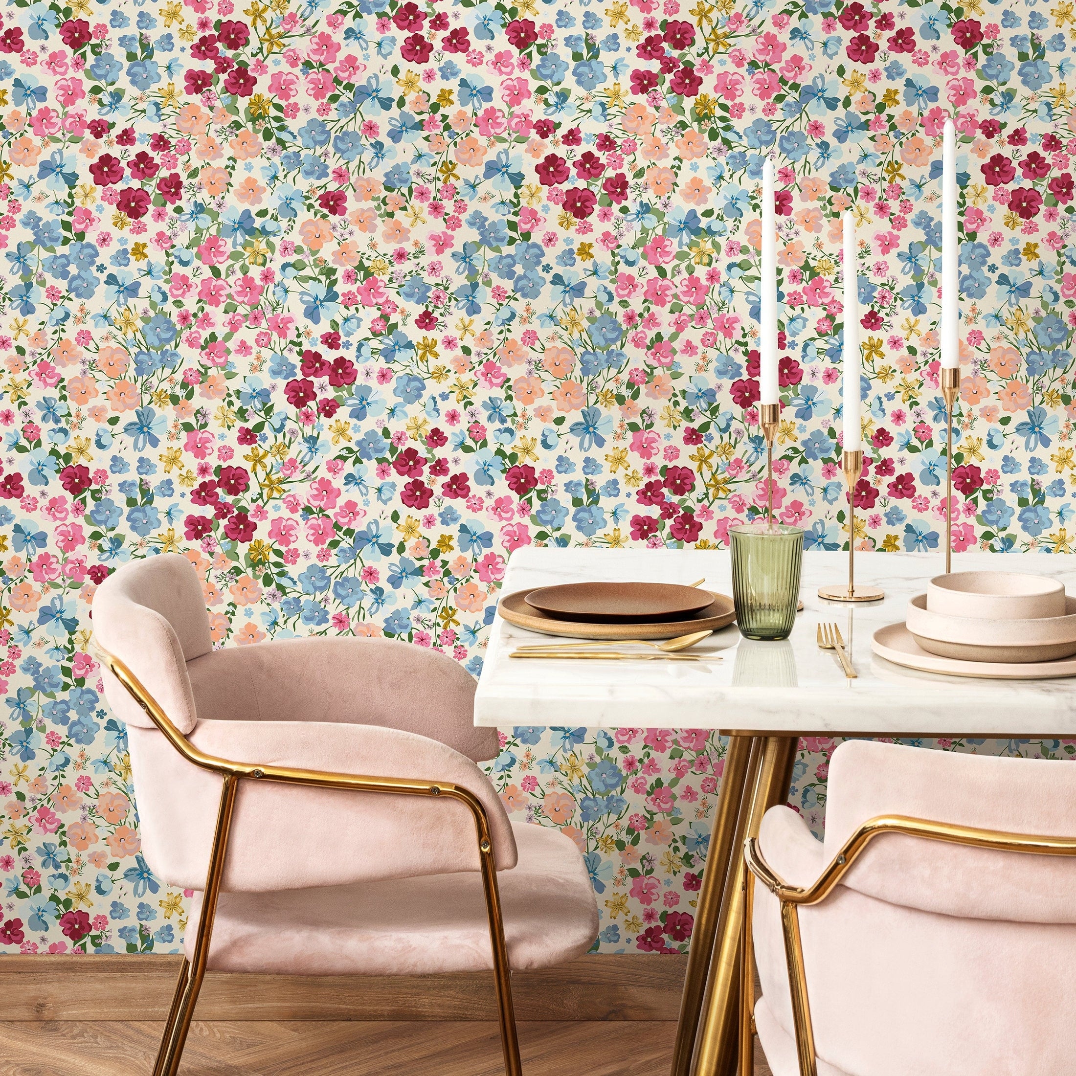 Floral Wallpaper With A Colorful Wildflower Meadow In Pink, Blue, And Yellow - B298