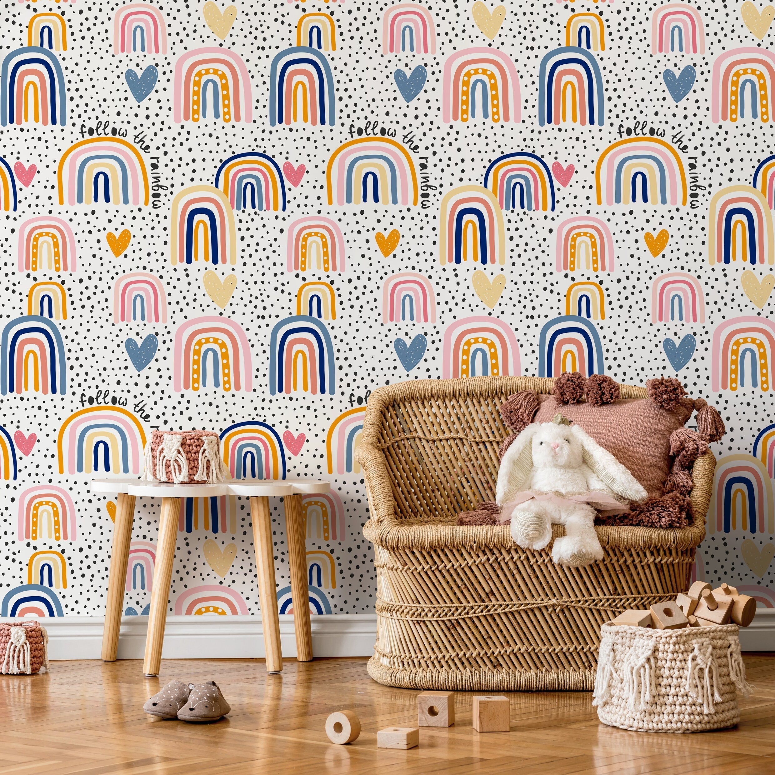 Kids Wallpaper With Hand-drawn Rainbows And Hearts In Pink, Blue, And Orange - B299