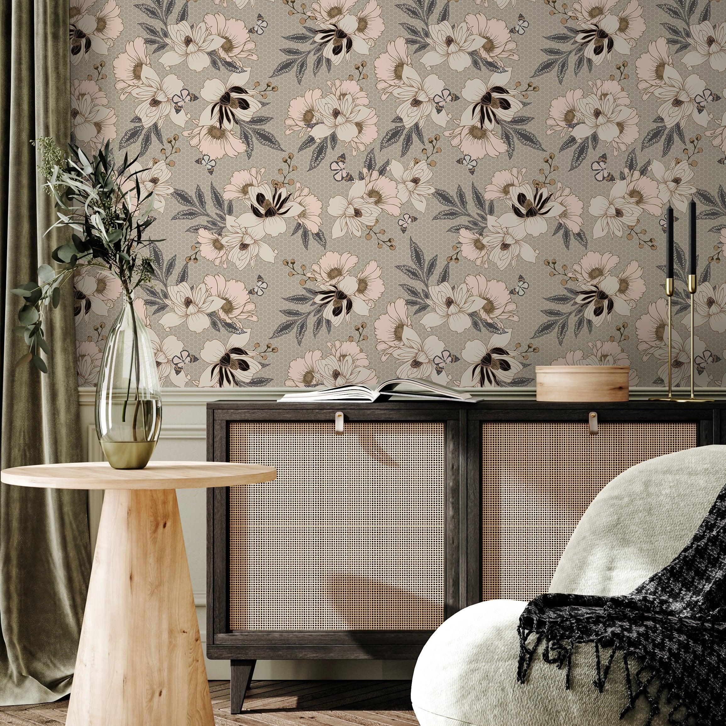 Floral Wallpaper With Vintage Anemones In Pink, Black, And Grey - B300