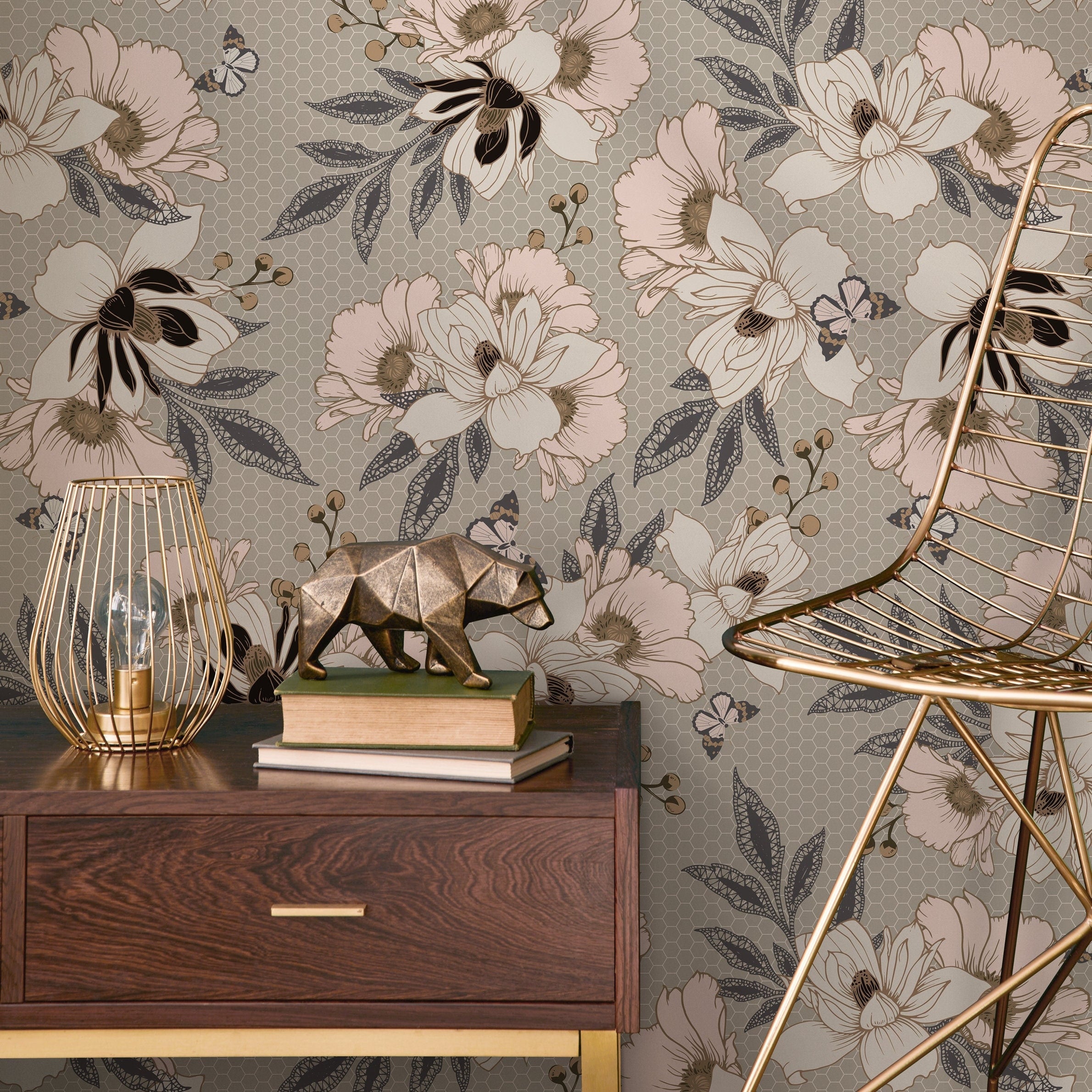 Floral Wallpaper With Vintage Anemones In Pink, Black, And Grey - B300