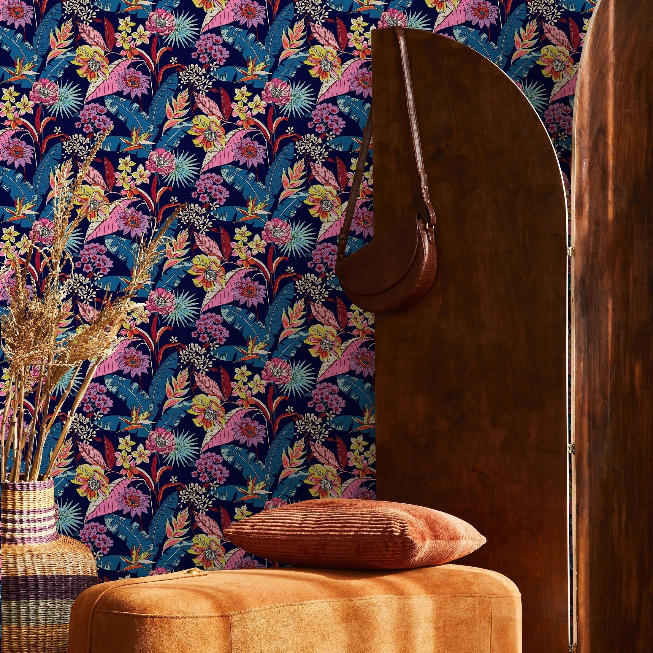 Botanical Wallpaper With Tropical Flowers And Leaves In Blue, Pink, And Yellow - B316