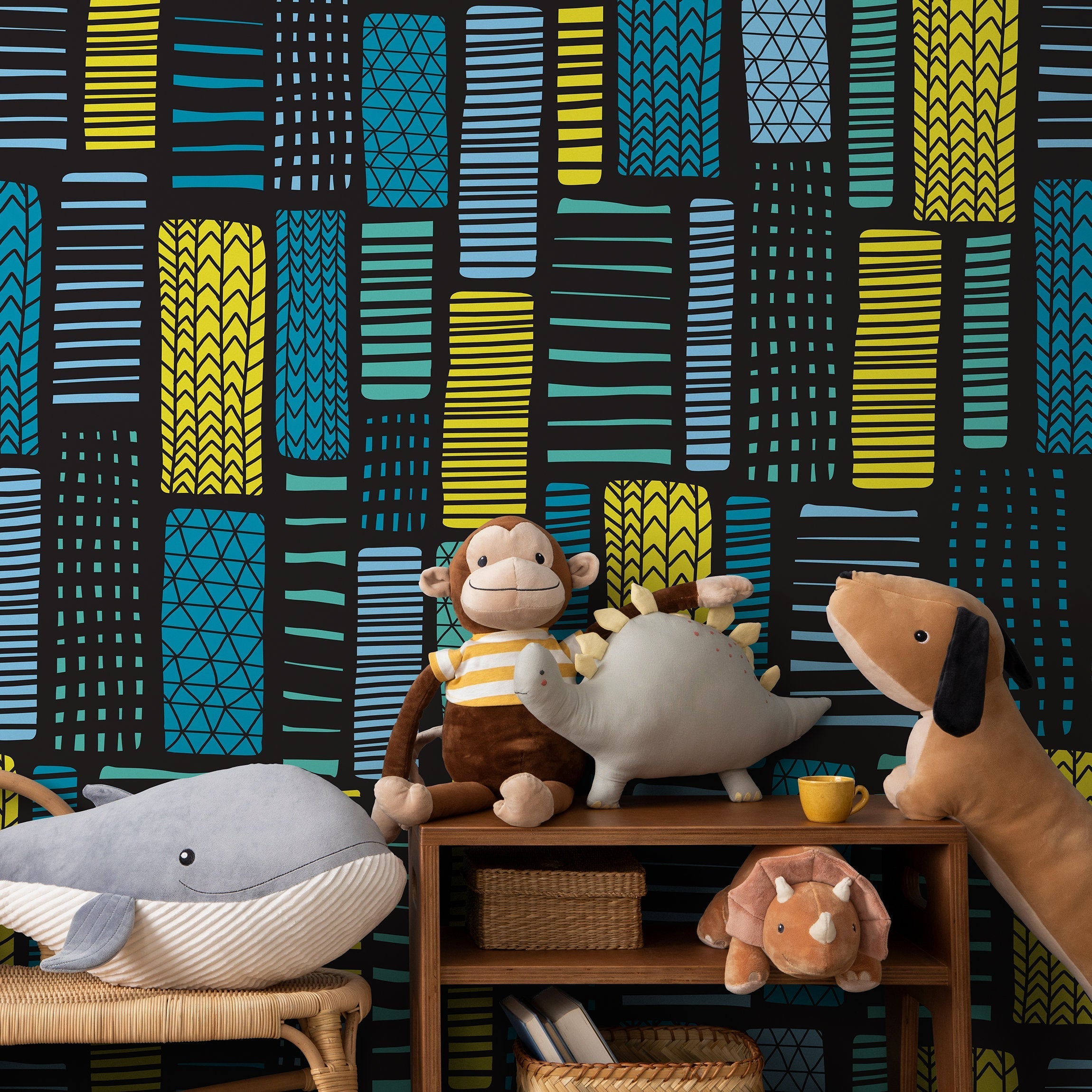 Geometric Wallpaper With Abstract Tribal Blocks In Yellow, Blue, And Teal - B319