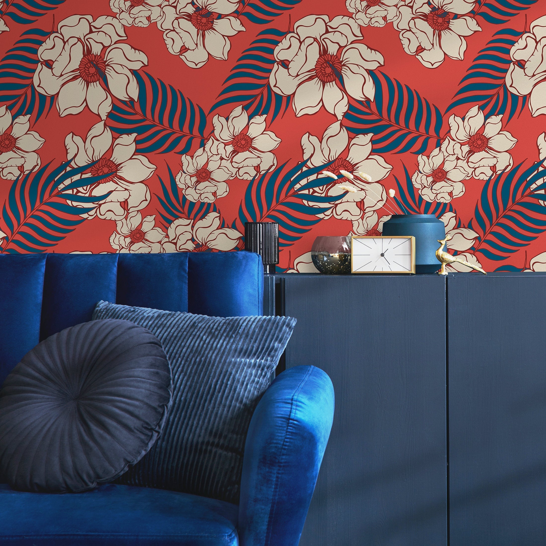 Tropical Wallpaper With Hawaiian Flowers And Palm Leaves In Red, Teal, And Beige - B334