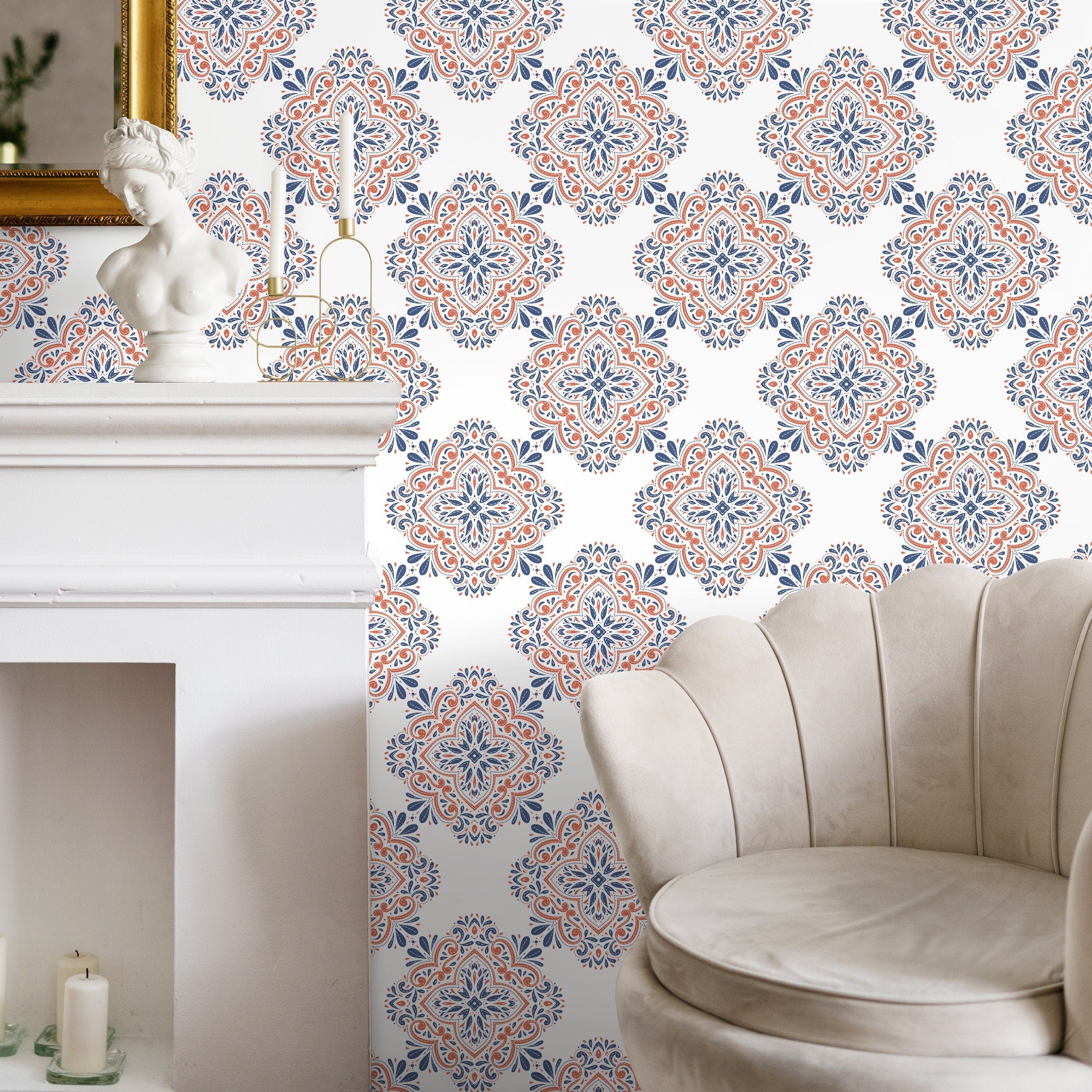 Damask Wallpaper With An Intricate Medallion Motif In Blue And Orange - B335