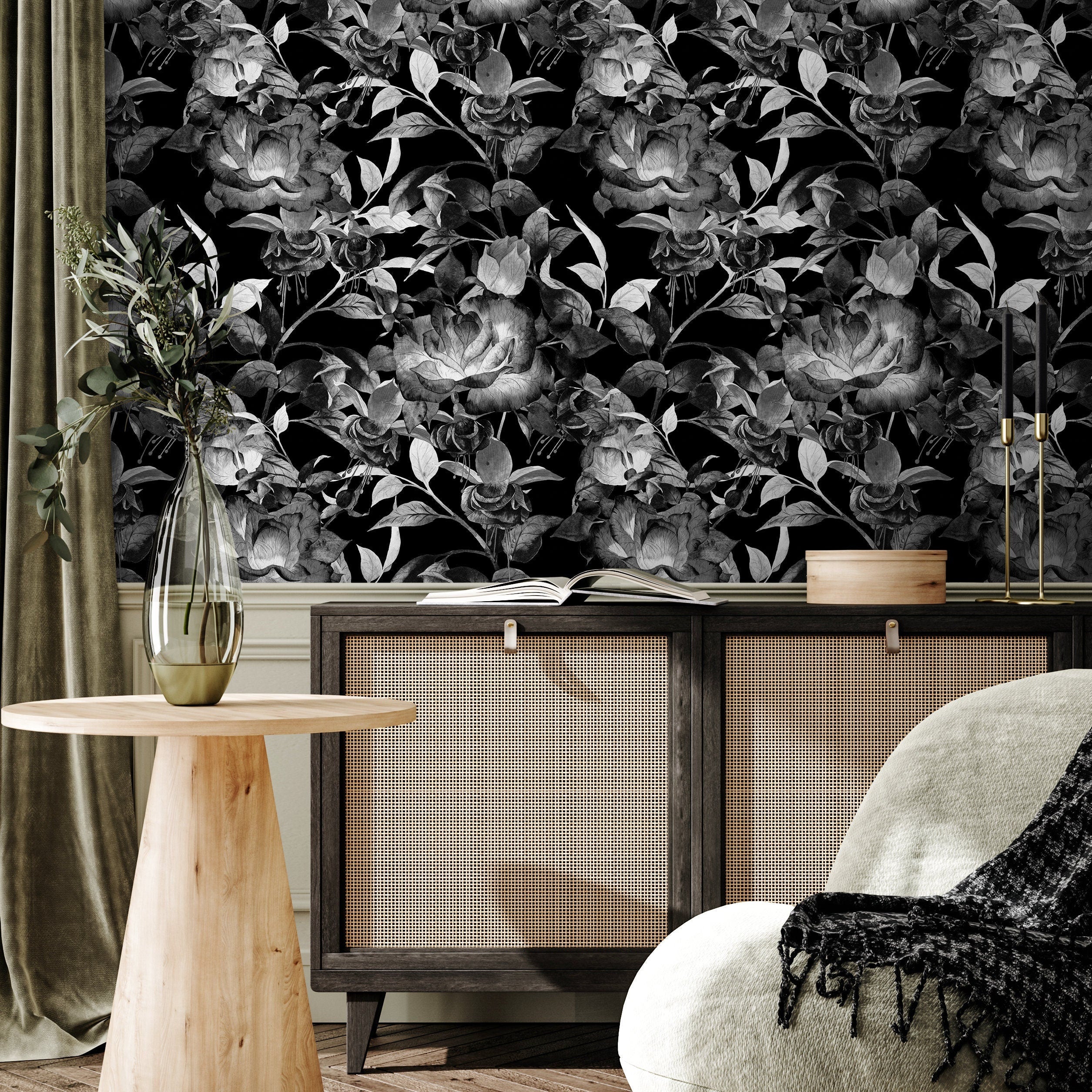 Floral Wallpaper With Grayscale Watercolor Blooms In Black And Gray - B343
