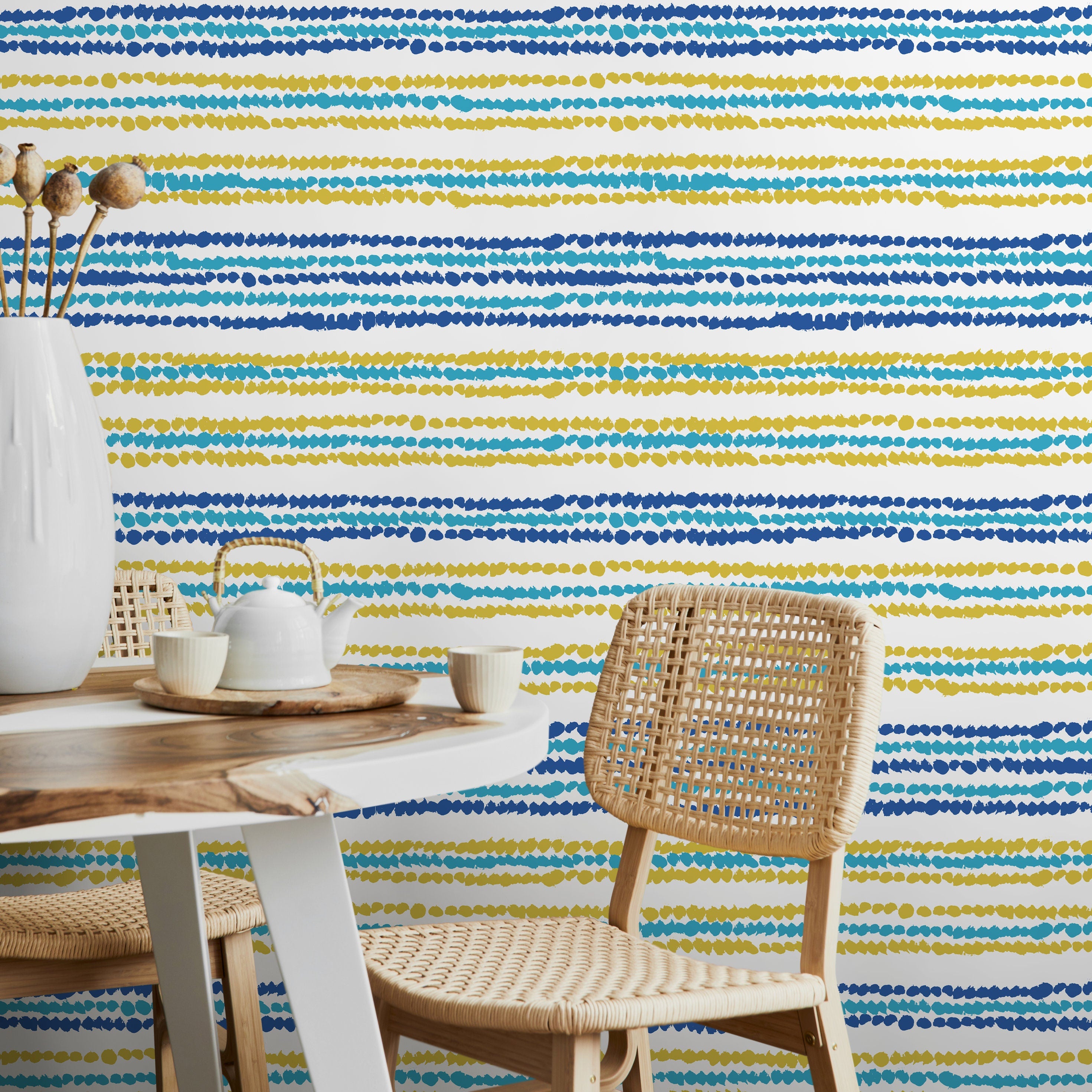 Abstract Wallpaper With Painted Dot Stripes In Blue, Yellow, And Teal - B346