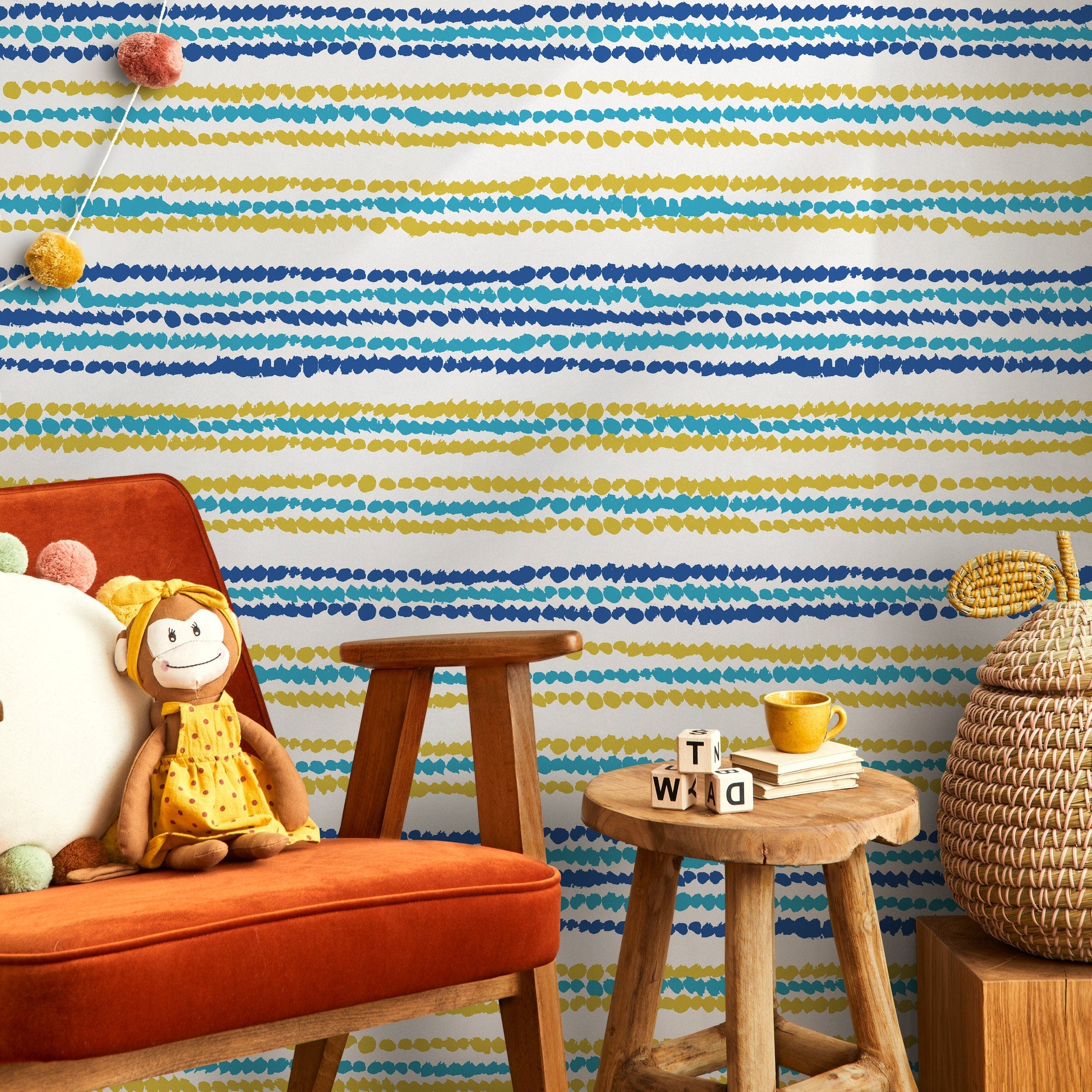 Abstract Wallpaper With Painted Dot Stripes In Blue, Yellow, And Teal - B346