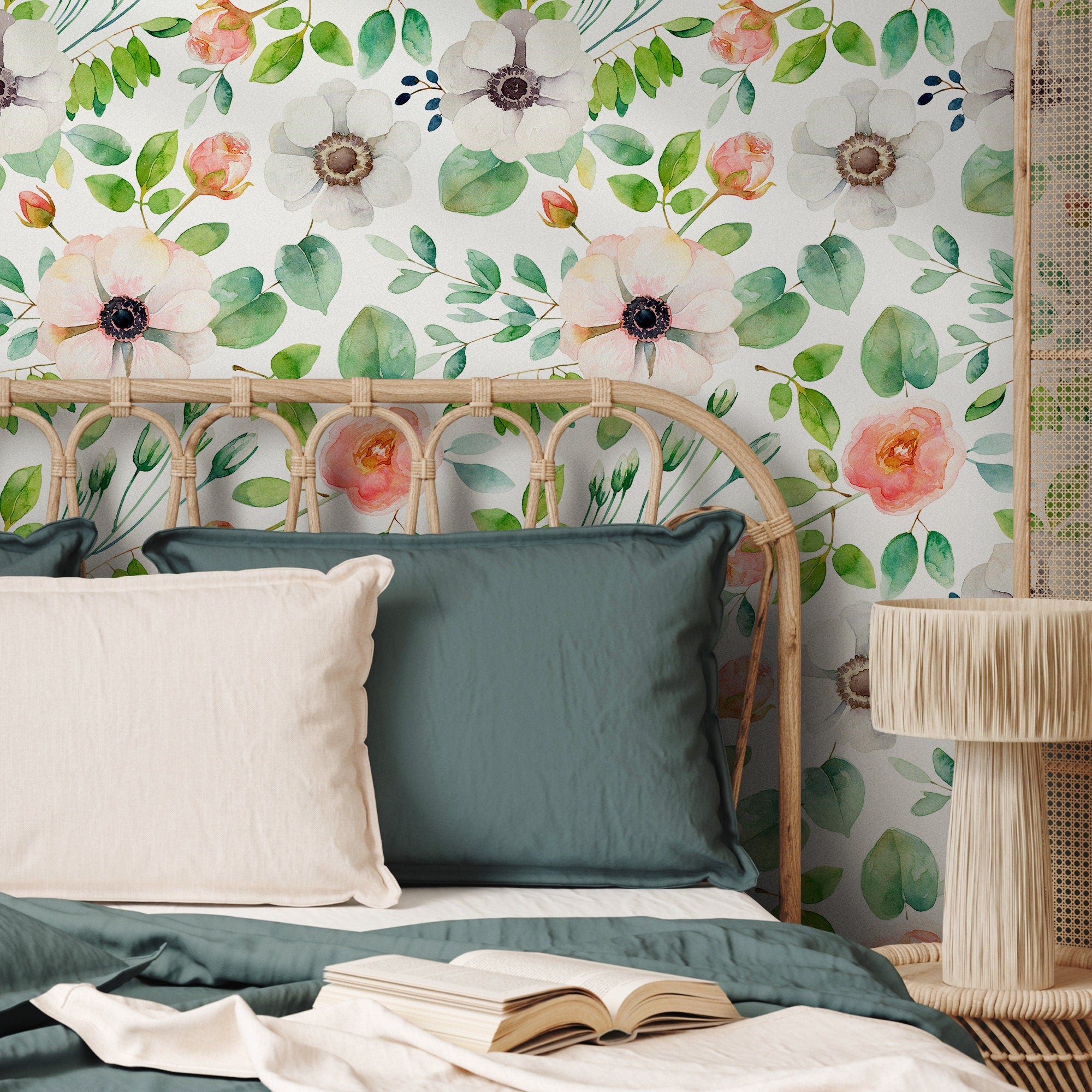 Floral Wallpaper With Watercolor Anemones In Pink And Green - B350