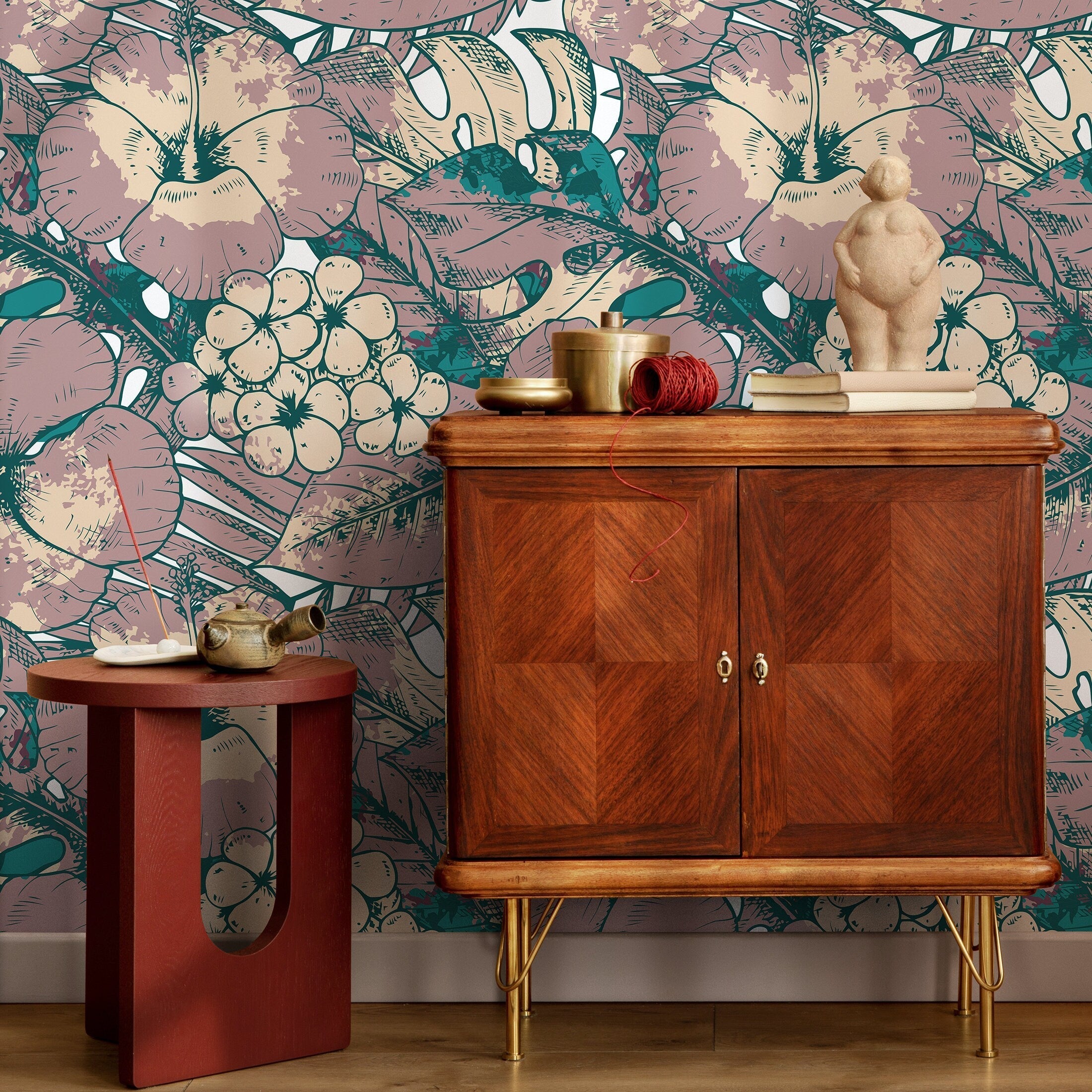 Tropical Wallpaper With Hibiscus And Monstera Leaves In Teal, Mauve, And Beige - B355