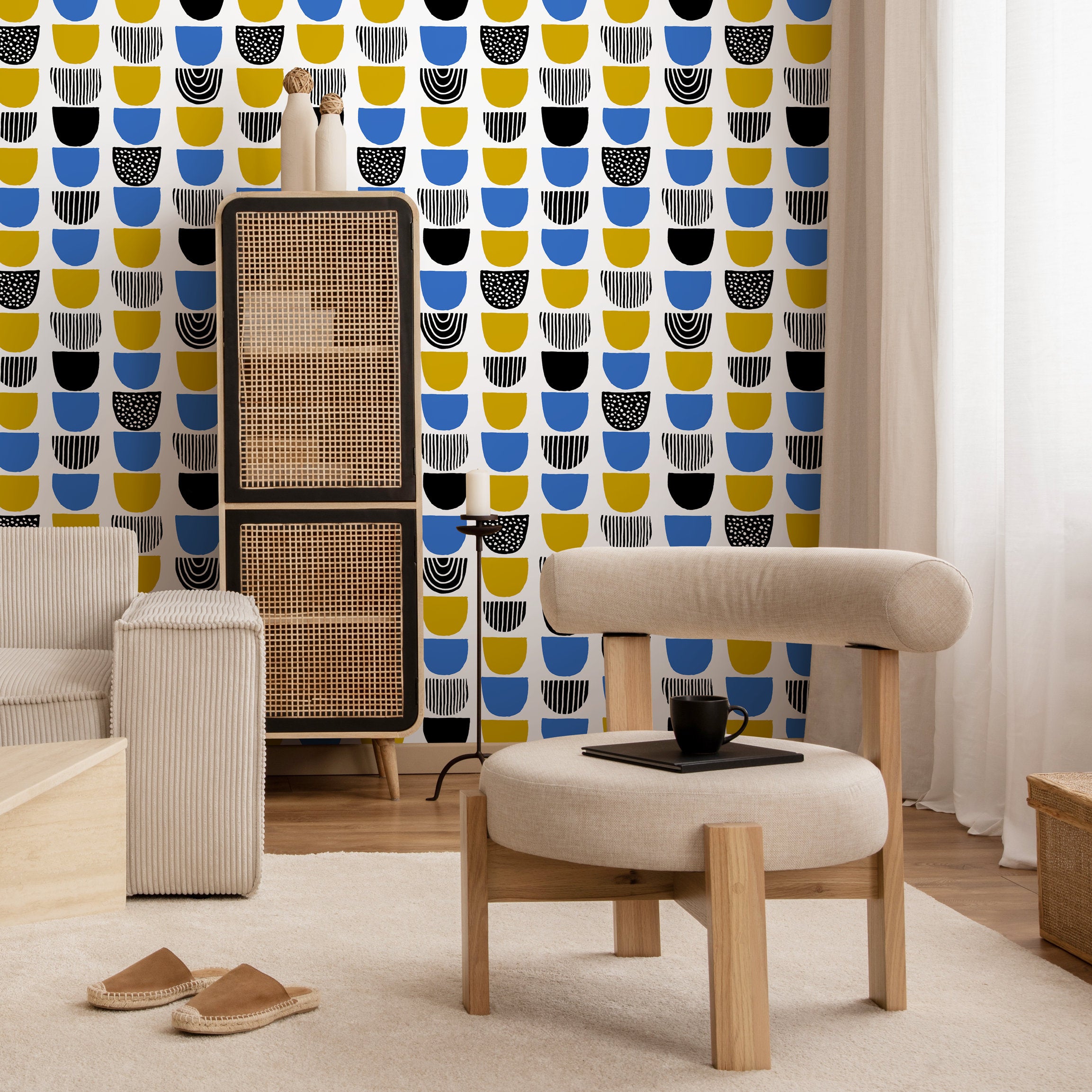Abstract Wallpaper With U-shaped Motifs In Blue, Yellow, And Black - B366